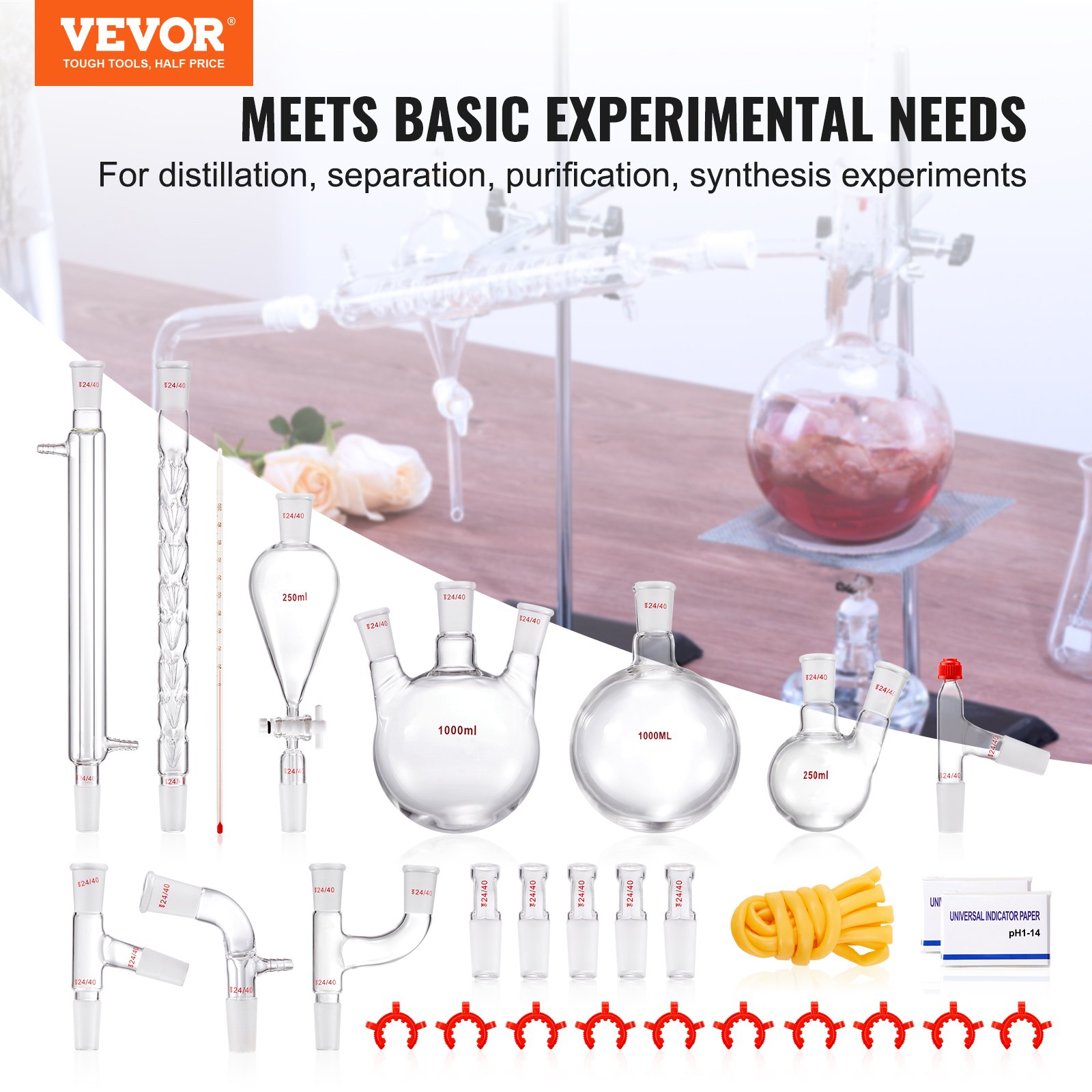 VEVOR Lab-destillatiekit, 3,3 Boron Lab-glasdestillatiekit met 24 en 40 verbindingen, 1000 ml destillatie-apparaatset voor essentiële oliën, 29-delige glaswerkset
