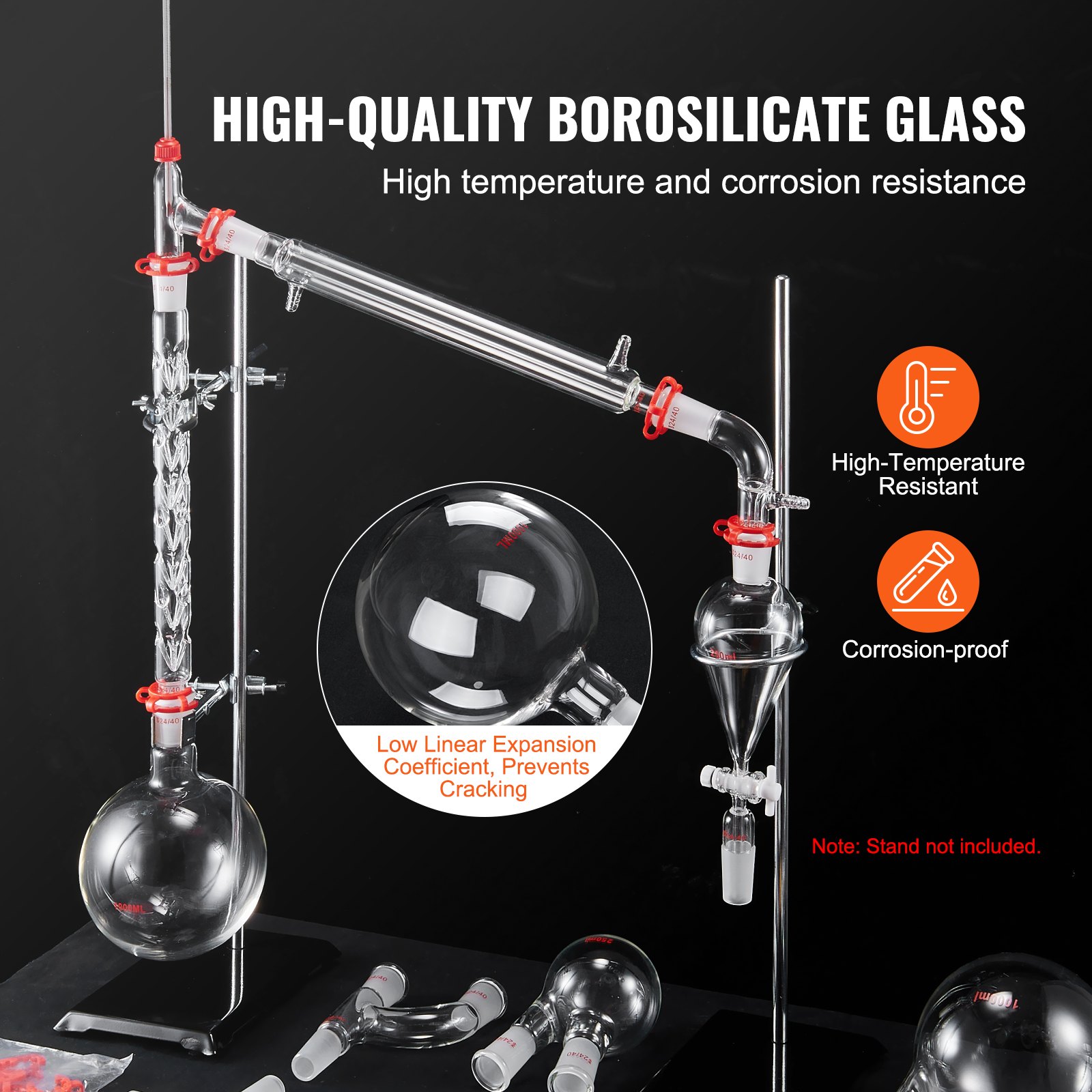 VEVOR Lab-destillatiekit, 3,3 Boron Lab-glasdestillatiekit met 24 en 40 verbindingen, 1000 ml destillatie-apparaatset voor essentiële oliën, 29-delige glaswerkset