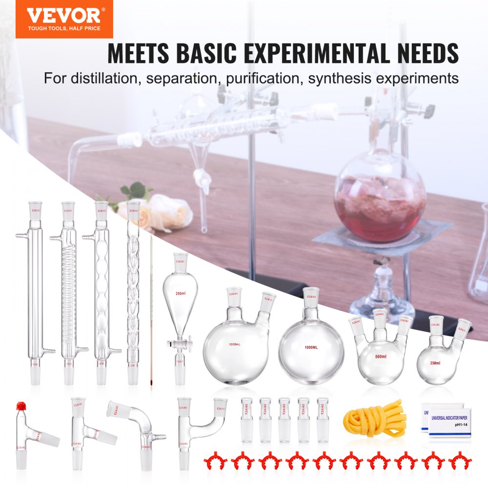 VEVOR Lab-destillatiekit, 3,3 Boron Lab-glasdestillatiekit met 24 en 40 verbindingen, 1000 ml destillatie-apparaatset voor essentiële oliën, 32-delige glaswerkset