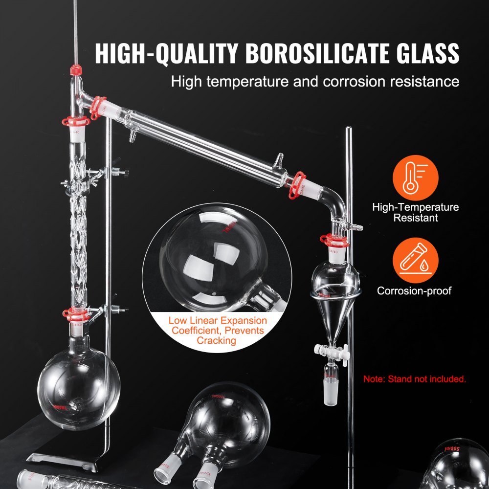VEVOR Lab-destillatiekit, 3,3 Boron Lab-glasdestillatiekit met 24 en 40 verbindingen, 1000 ml destillatie-apparaatset voor essentiële oliën, 32-delige glaswerkset
