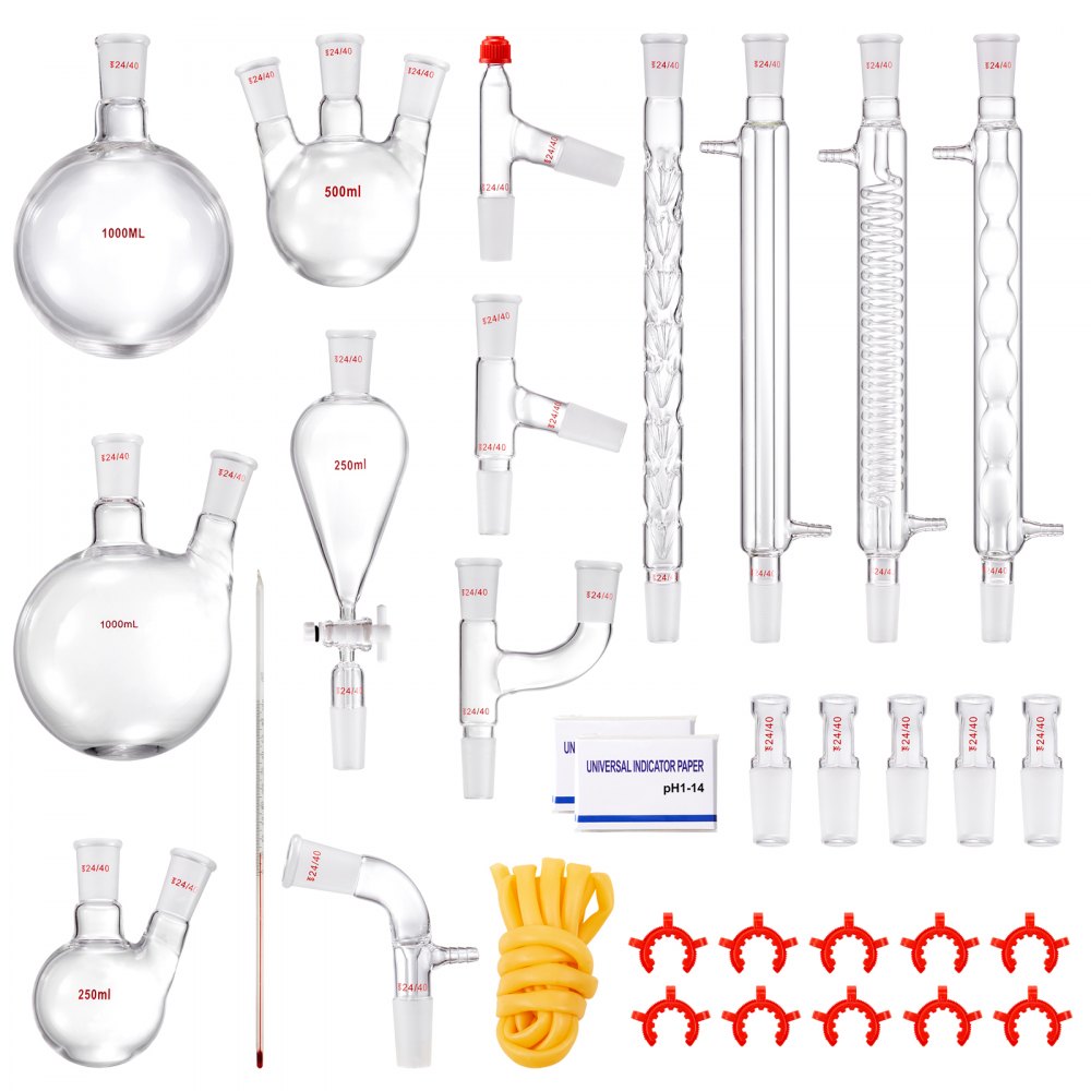 VEVOR Lab-destillatiekit, 3,3 Boron Lab-glasdestillatiekit met 24 en 40 verbindingen, 1000 ml destillatie-apparaatset voor essentiële oliën, 32-delige glaswerkset