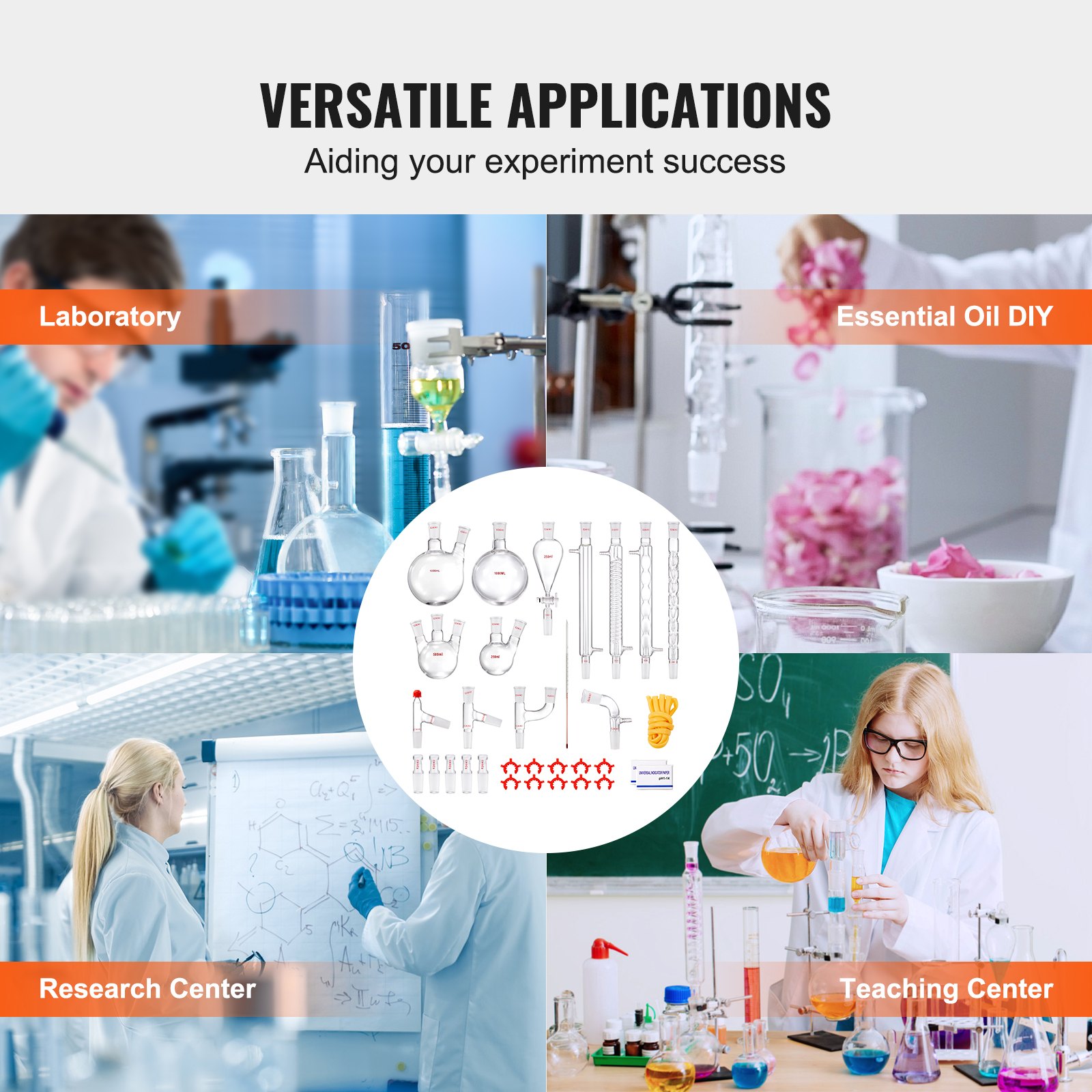 VEVOR Lab-destillatiekit, 3,3 Boron Lab-glasdestillatiekit met 24 en 40 verbindingen, 1000 ml destillatie-apparaatset voor essentiële oliën, 32-delige glaswerkset