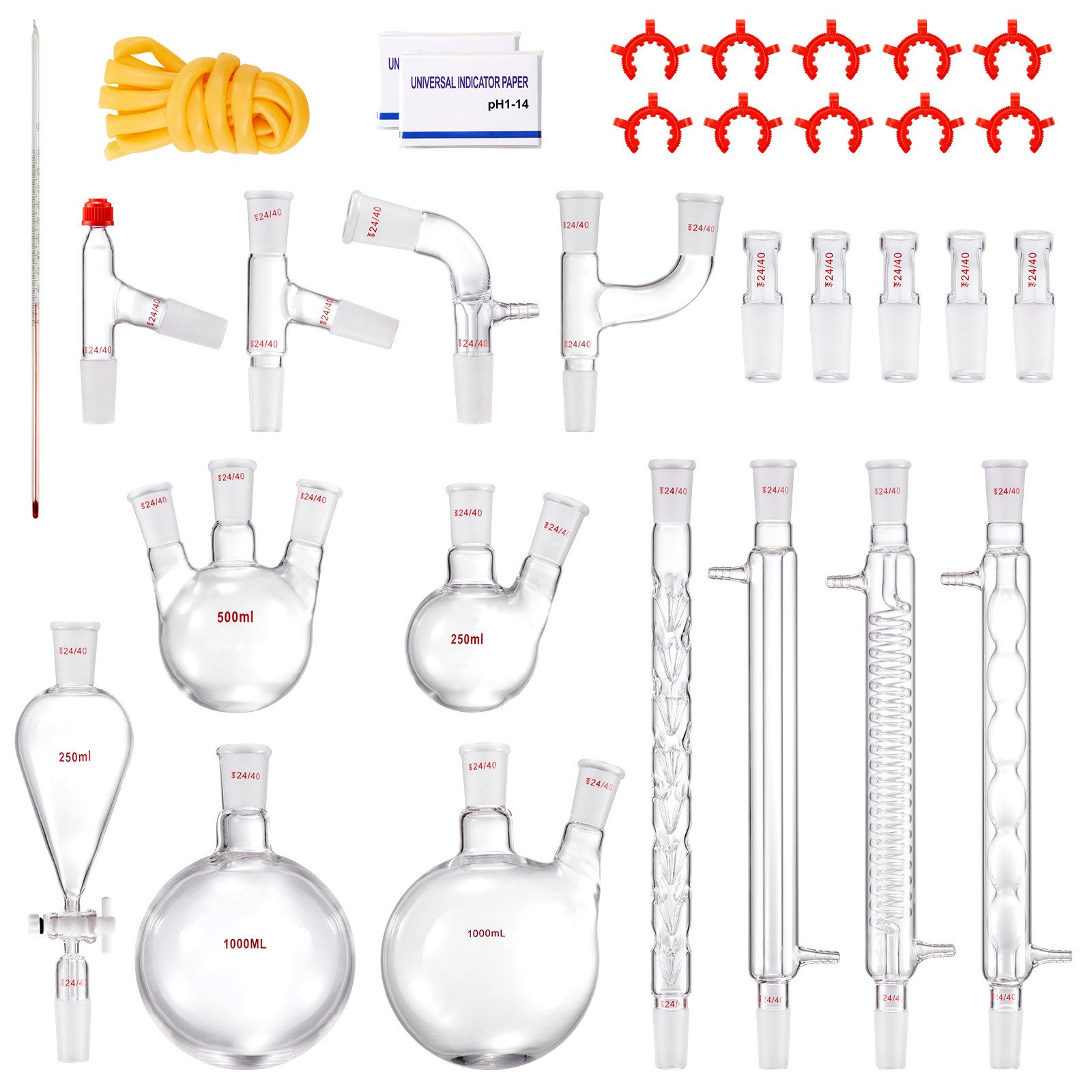 VEVOR Lab-destillatiekit, 3,3 Boron Lab-glasdestillatiekit met 24 en 40 verbindingen, 1000 ml destillatie-apparaatset voor essentiële oliën, 32-delige glaswerkset