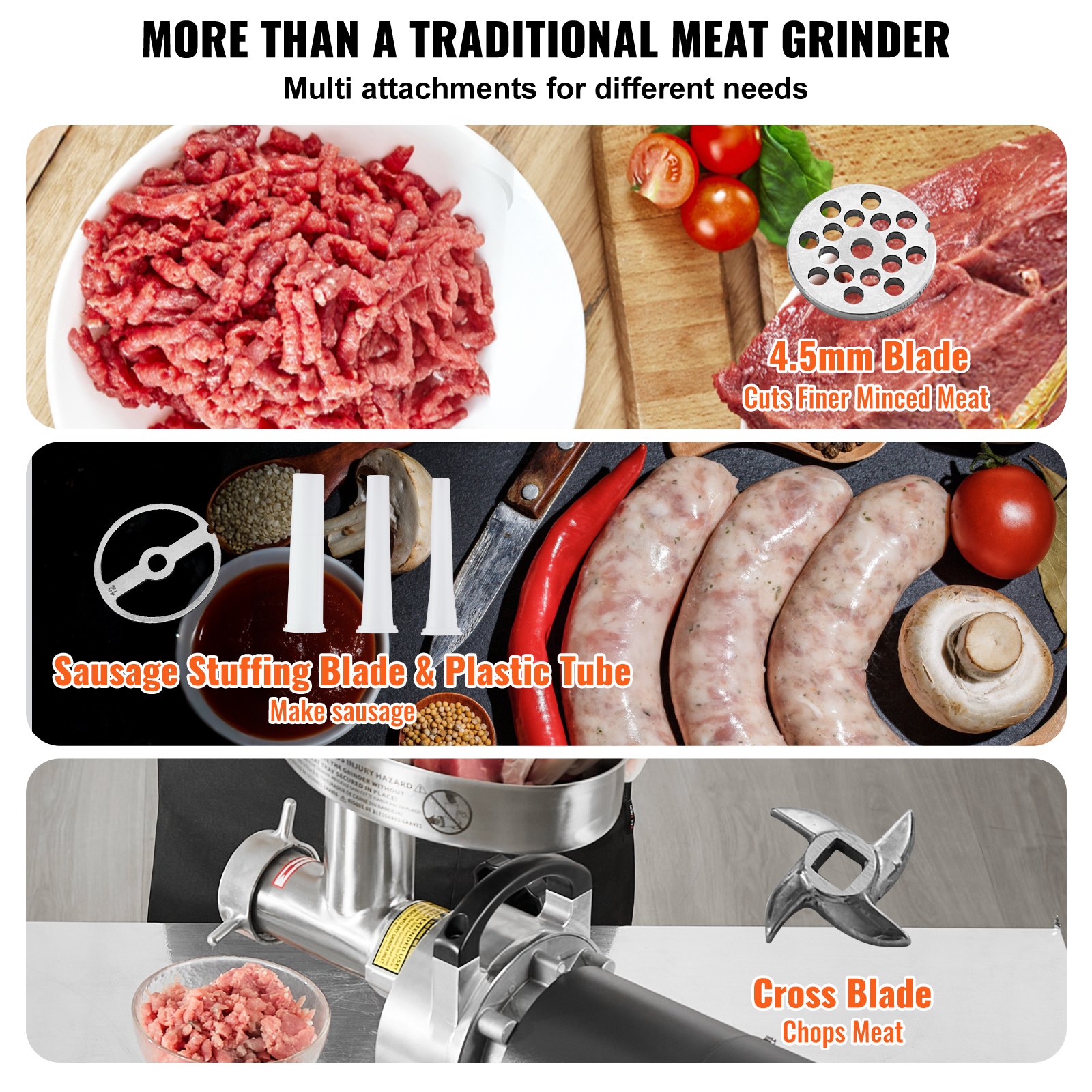 VEVOR Meat Grinder, 6 Lbs/Min Capacity Electric Meat Grinders with Blade, Grinding Plate, Sausage Maker, Stainless Steel Commercial Meat Mincer for Kitchen Restaurant Butcher Store