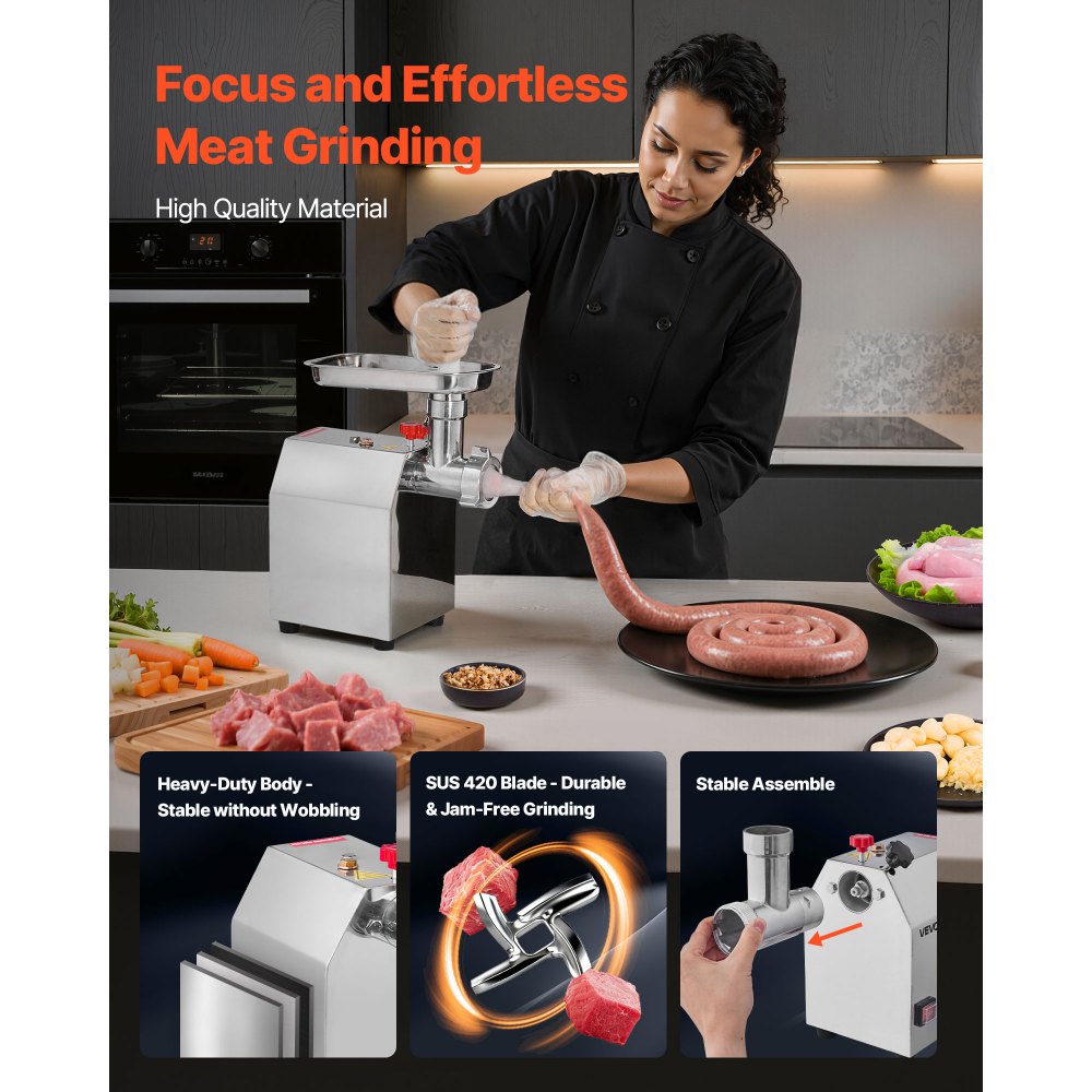 VEVOR Commercial Electric Meat Grinder, 2.27 kg/min Capacity, #8 Industrial Meat Mincer with 2 Stainless Steel Blades, 2 Grinding Plates, 600W Heavy-Duty Sausage Maker, for Kitchen, Restaurant
