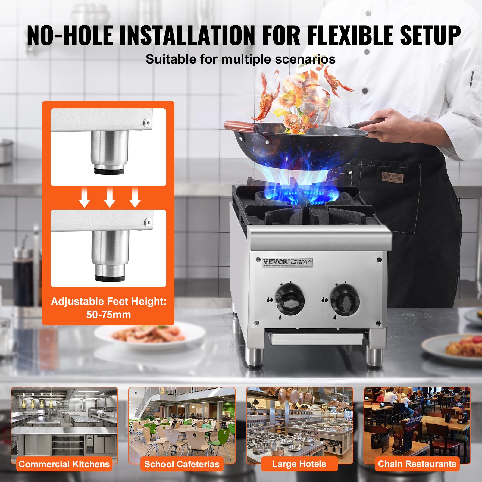 VEVOR Commercial Gas Stove with 2 Burners, Propane and Natural Gas Countertop Cooking Stove Range, Stainless Steel Gas Hot Plate, Commercial Cooking Equipment for Restaurant, 14KW