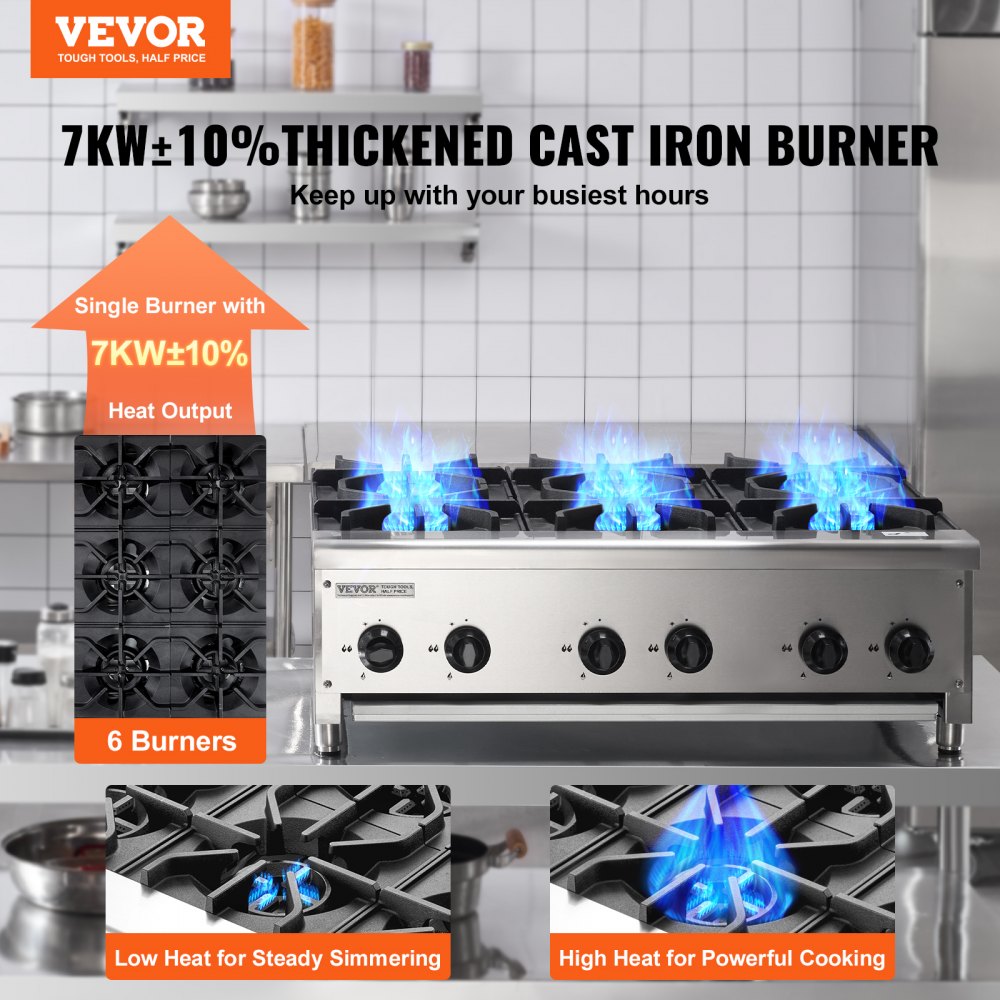 VEVOR commercieel gasfornuis met 6 gasbranders, propaan/aardgasfornuis, roestvrijstalen gaskookplaat, commercieel kookapparaat 915 x 775 x 335 mm voor restaurants, hotels en cafés, 42 kW