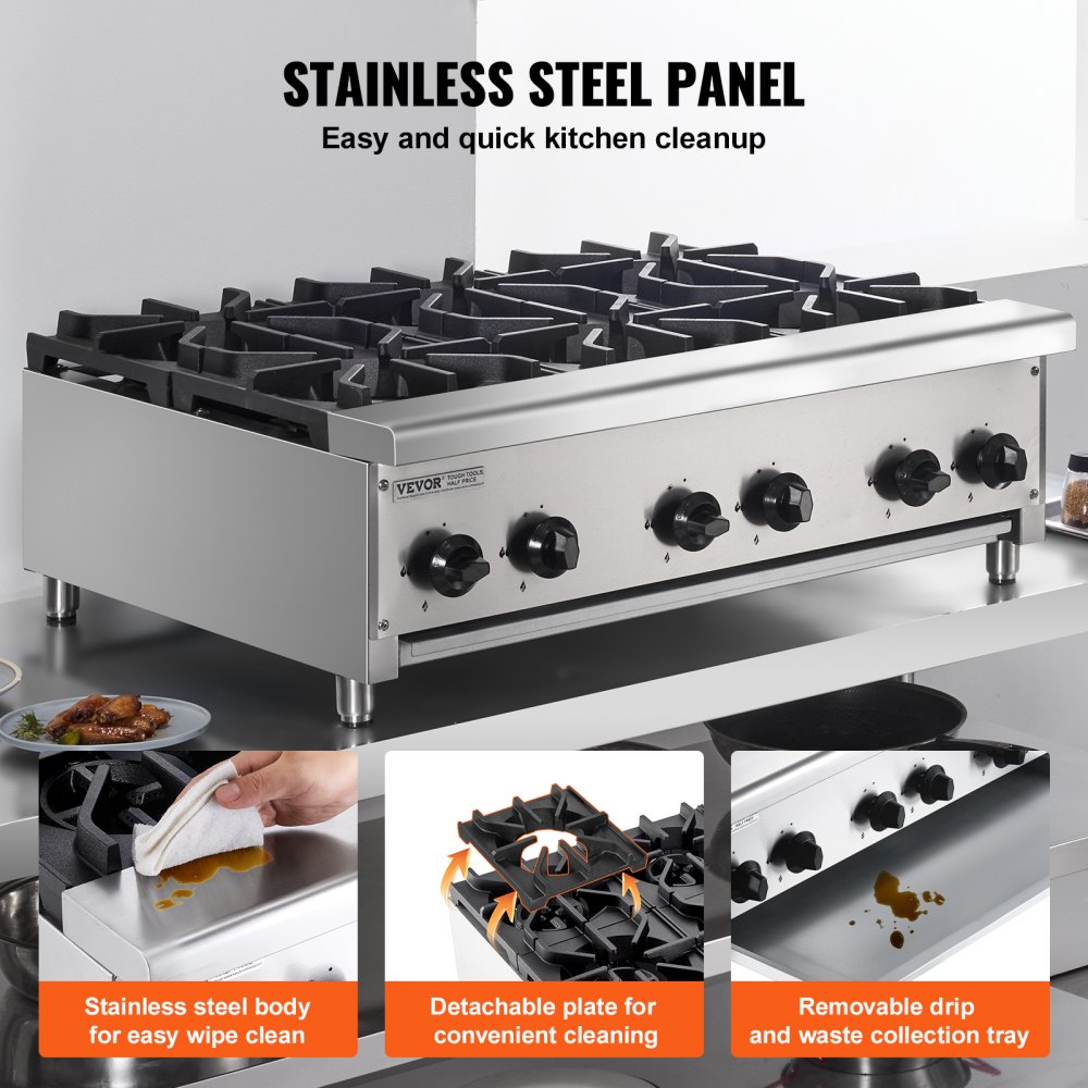 VEVOR commercieel gasfornuis met 6 gasbranders, propaan/aardgasfornuis, roestvrijstalen gaskookplaat, commercieel kookapparaat 915 x 775 x 335 mm voor restaurants, hotels en cafés, 42 kW