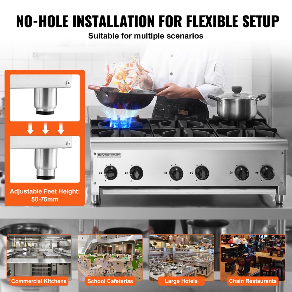 VEVOR commercieel gasfornuis met 6 gasbranders, propaan/aardgasfornuis, roestvrijstalen gaskookplaat, commercieel kookapparaat 915 x 775 x 335 mm voor restaurants, hotels en cafés, 42 kW