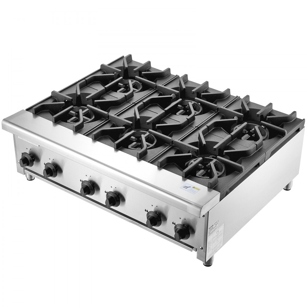 VEVOR commercieel gasfornuis met 6 gasbranders, propaan/aardgasfornuis, roestvrijstalen gaskookplaat, commercieel kookapparaat 915 x 775 x 335 mm voor restaurants, hotels en cafés, 42 kW