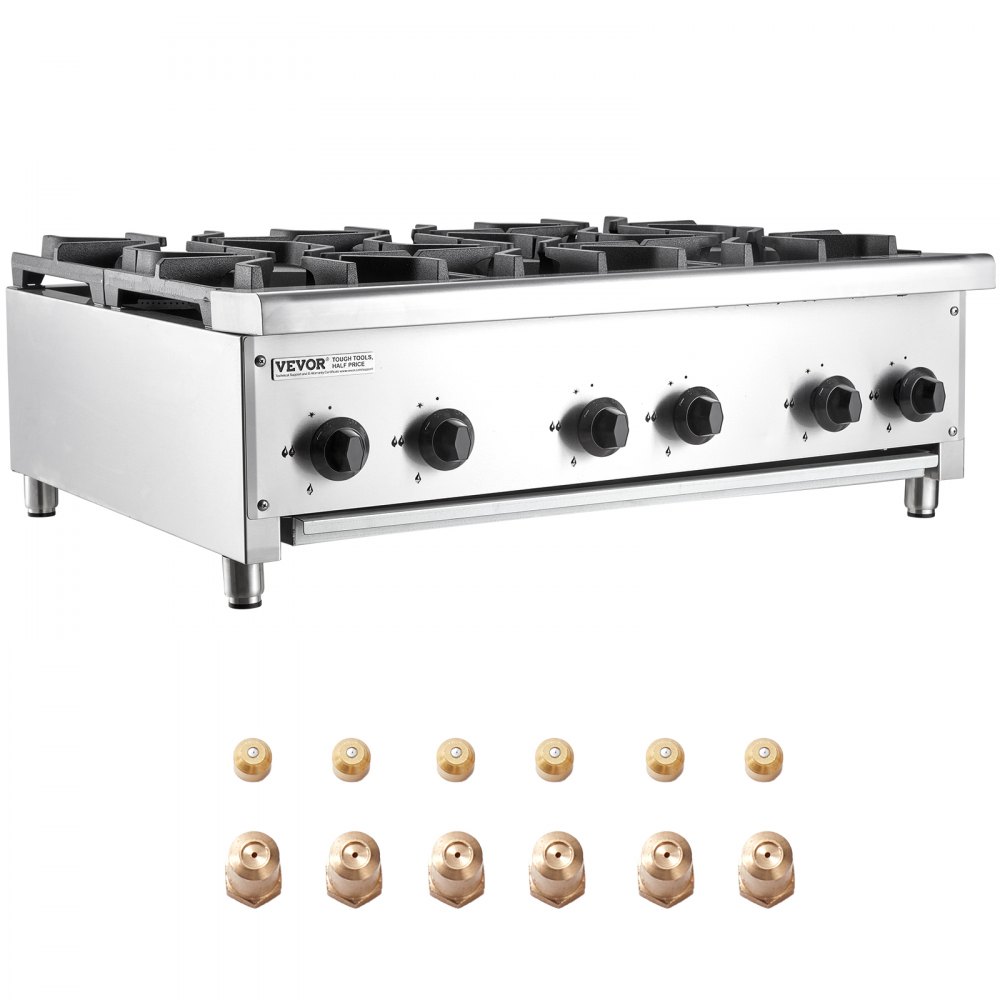 VEVOR commercieel gasfornuis met 6 gasbranders, propaan/aardgasfornuis, roestvrijstalen gaskookplaat, commercieel kookapparaat 915 x 775 x 335 mm voor restaurants, hotels en cafés, 42 kW