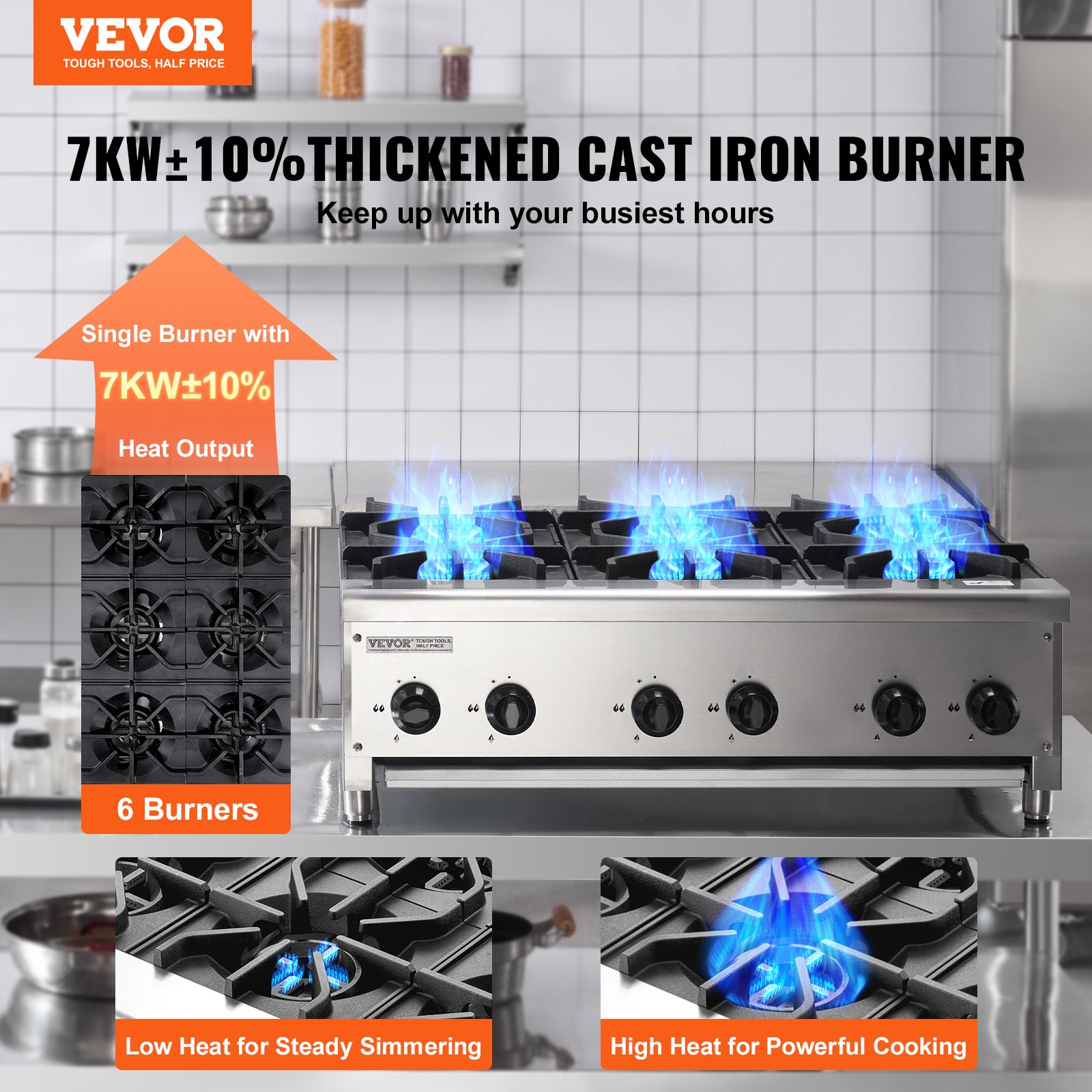 VEVOR commercieel gasfornuis met 6 gasbranders, propaan/aardgasfornuis, roestvrijstalen gaskookplaat, commercieel kookapparaat 915 x 775 x 335 mm voor restaurants, hotels en cafés, 42 kW