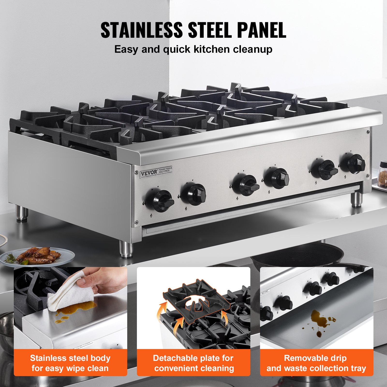 VEVOR commercieel gasfornuis met 6 gasbranders, propaan/aardgasfornuis, roestvrijstalen gaskookplaat, commercieel kookapparaat 915 x 775 x 335 mm voor restaurants, hotels en cafés, 42 kW
