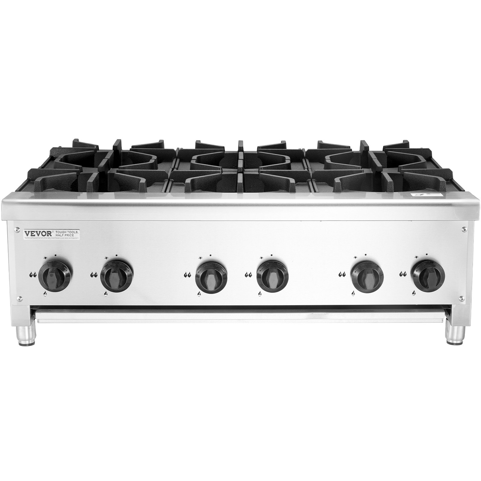 VEVOR commercieel gasfornuis met 6 gasbranders, propaan/aardgasfornuis, roestvrijstalen gaskookplaat, commercieel kookapparaat 915 x 775 x 335 mm voor restaurants, hotels en cafés, 42 kW