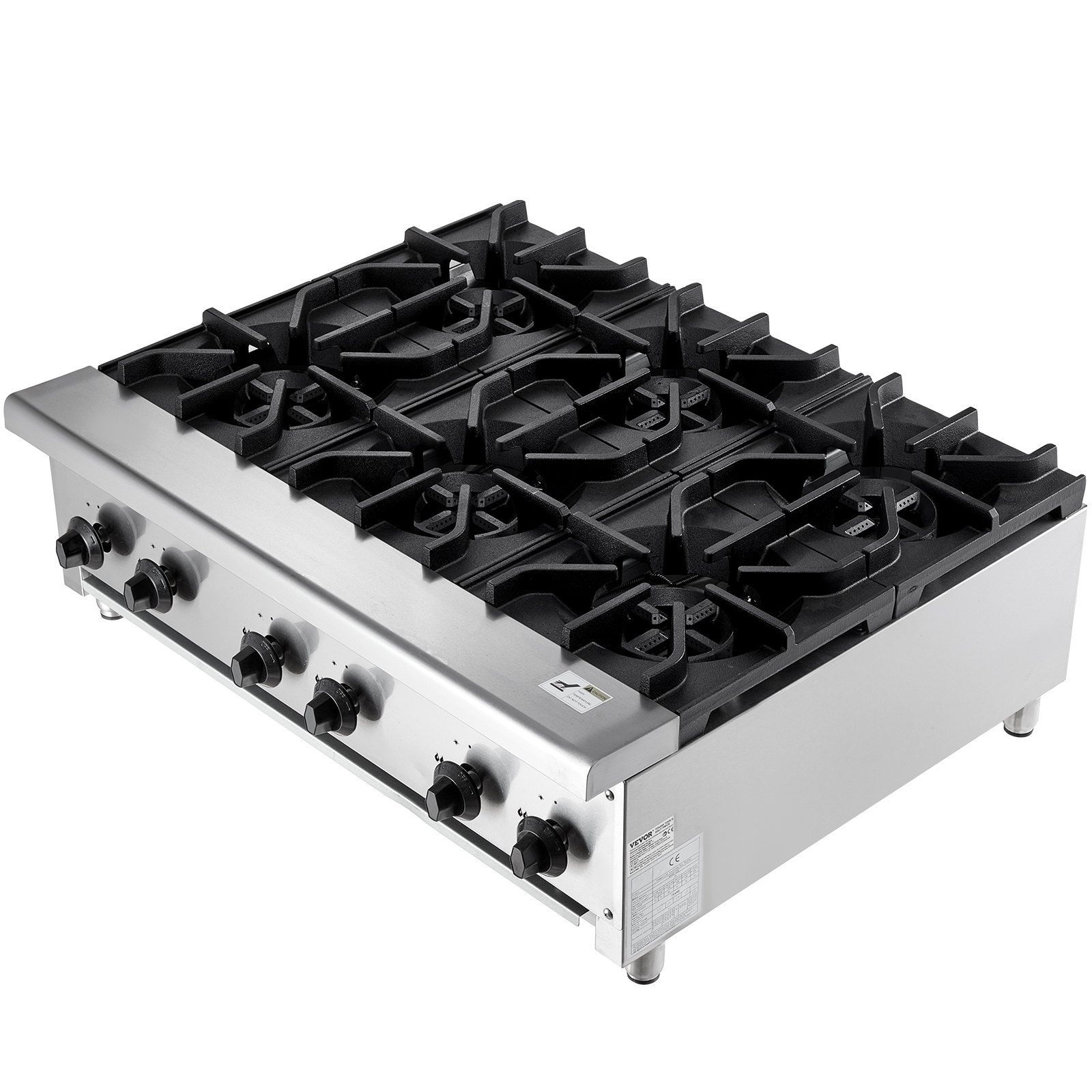 VEVOR commercieel gasfornuis met 6 gasbranders, propaan/aardgasfornuis, roestvrijstalen gaskookplaat, commercieel kookapparaat 915 x 775 x 335 mm voor restaurants, hotels en cafés, 42 kW