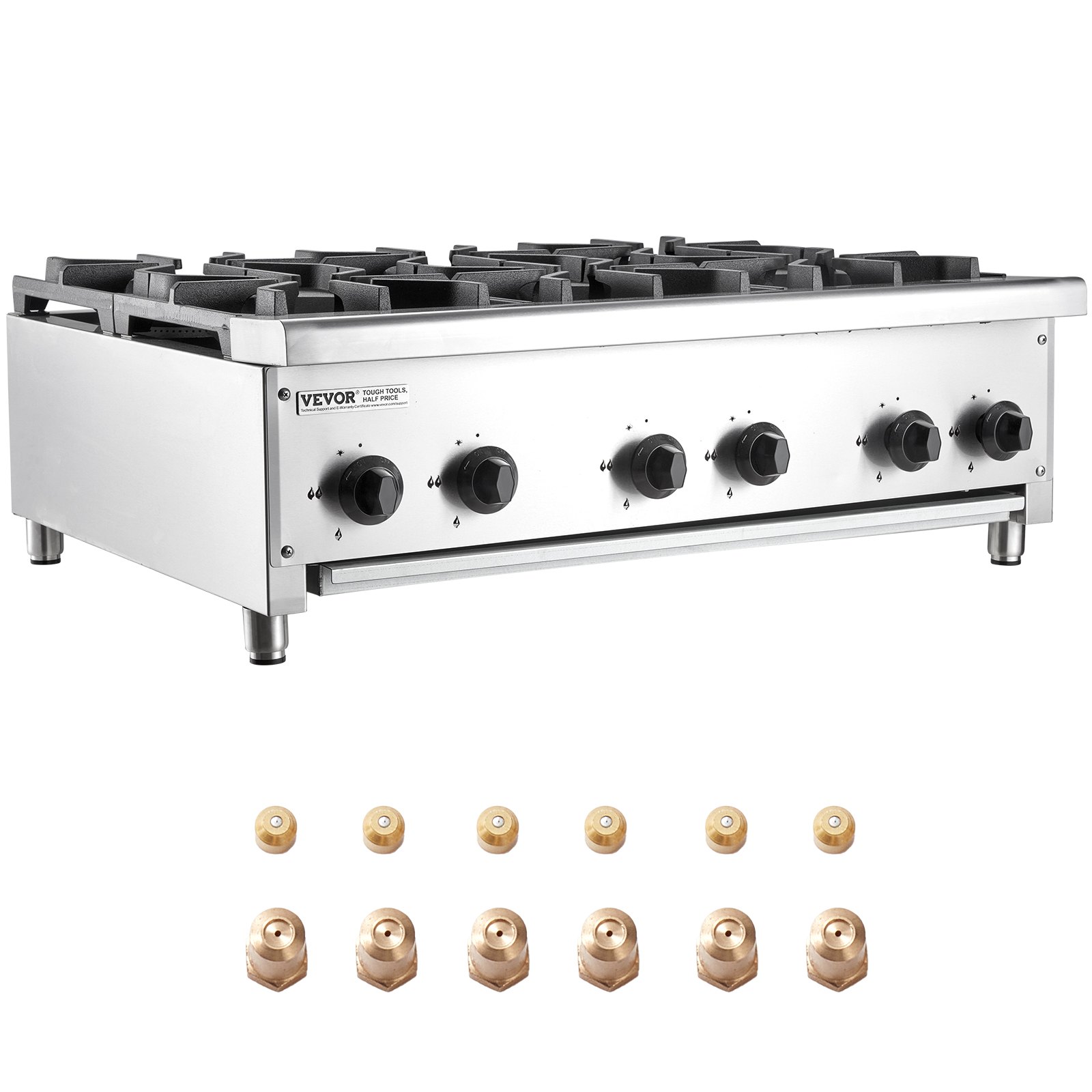 VEVOR commercieel gasfornuis met 6 gasbranders, propaan/aardgasfornuis, roestvrijstalen gaskookplaat, commercieel kookapparaat 915 x 775 x 335 mm voor restaurants, hotels en cafés, 42 kW