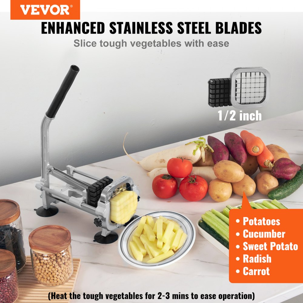 VEVOR French Fry Cutter, Potato Slicer with 1/2-Inch Stainless Steel Blade,  Manual Potato Cutter Chopper with Suction Cups, Great for Potato, French  Fries, Cucumber, Vegetables, Carrot