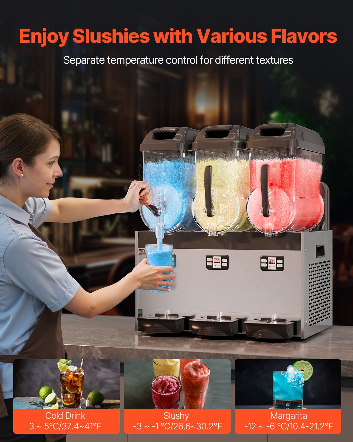 VEVOR Commerciële Slush-ijsmachine 12L x 3 Drievoudige tank Bevroren drankmachine, 144 kopjes RVS Slush-ijsmachine met toetsenbord Softijsmachine voor feesten, restaurants, cafés en bars