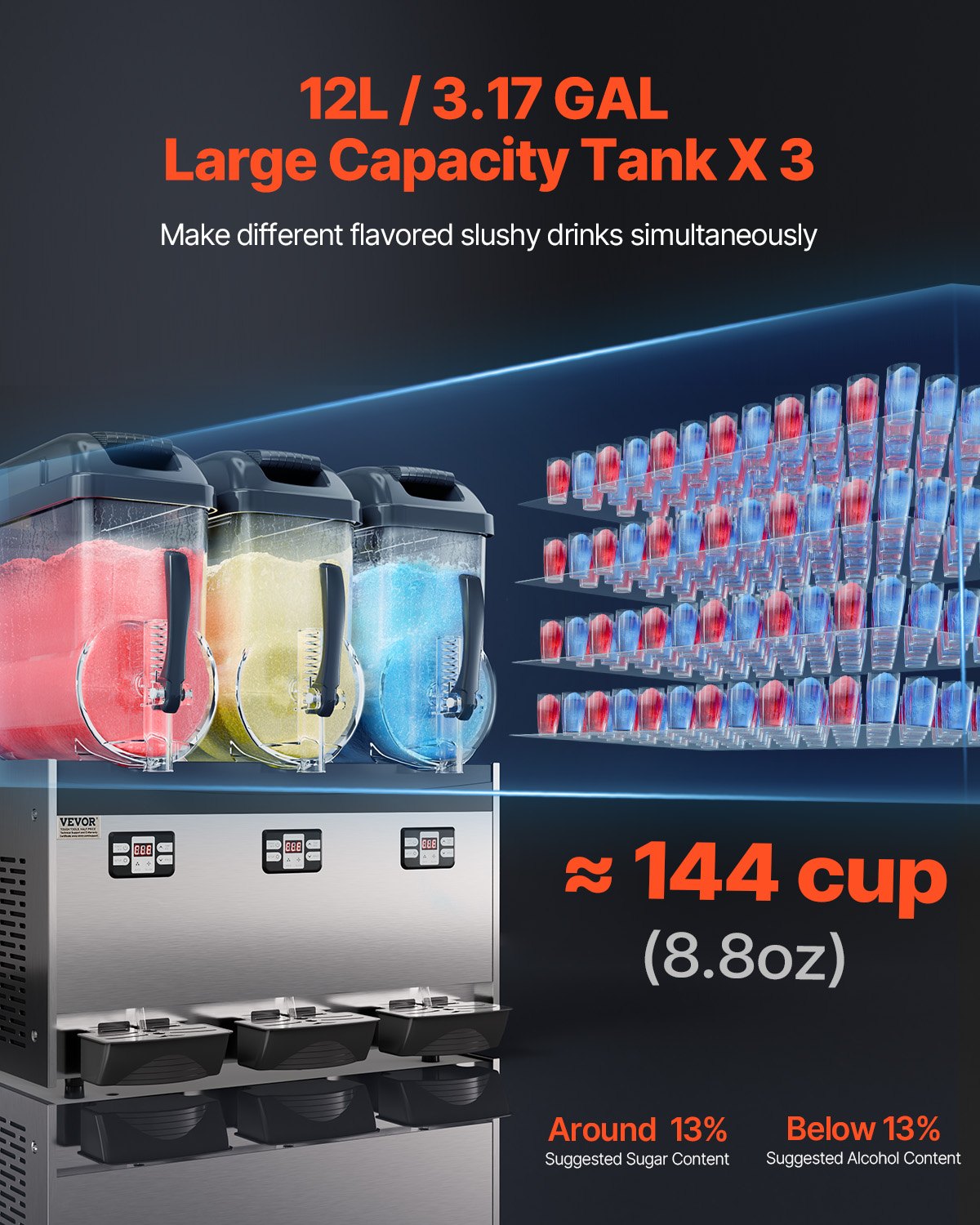 VEVOR Commerciële Slush-ijsmachine 12L x 3 Drievoudige tank Bevroren drankmachine, 144 kopjes RVS Slush-ijsmachine met toetsenbord Softijsmachine voor feesten, restaurants, cafés en bars