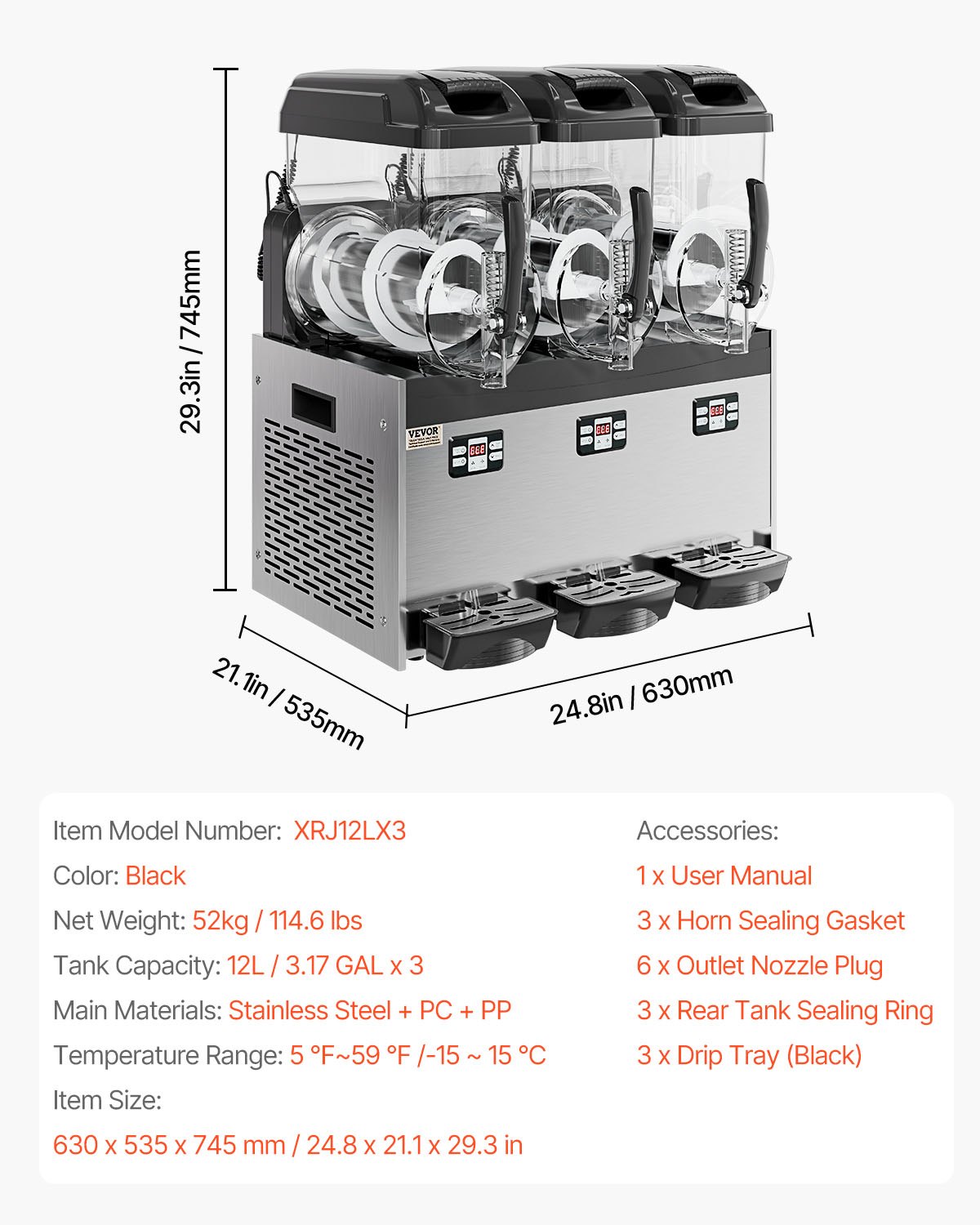 VEVOR Commerciële Slush-ijsmachine 12L x 3 Drievoudige tank Bevroren drankmachine, 144 kopjes RVS Slush-ijsmachine met toetsenbord Softijsmachine voor feesten, restaurants, cafés en bars