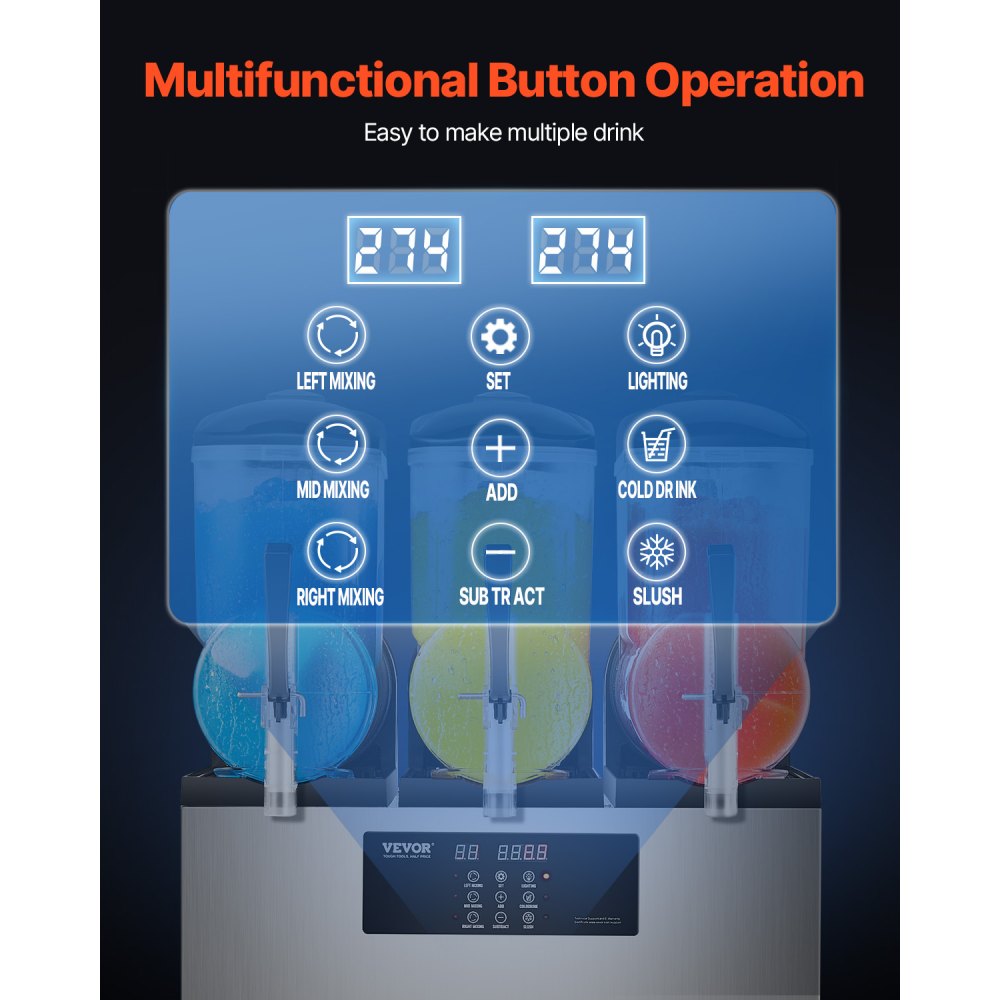 VEVOR Commerciële Slush-ijsmachine 12L x 3 Drievoudige tank Bevroren drankmachine, 144 kopjes RVS Slush-ijsmachine met toetsenbord Softijsmachine voor feesten, restaurants, cafés en bars