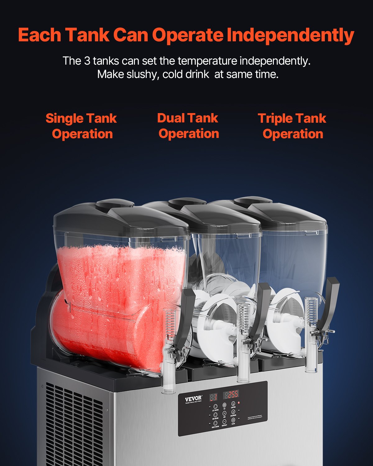 VEVOR Commerciële Slush-ijsmachine 12L x 3 Drievoudige tank Bevroren drankmachine, 144 kopjes RVS Slush-ijsmachine met toetsenbord Softijsmachine voor feesten, restaurants, cafés en bars