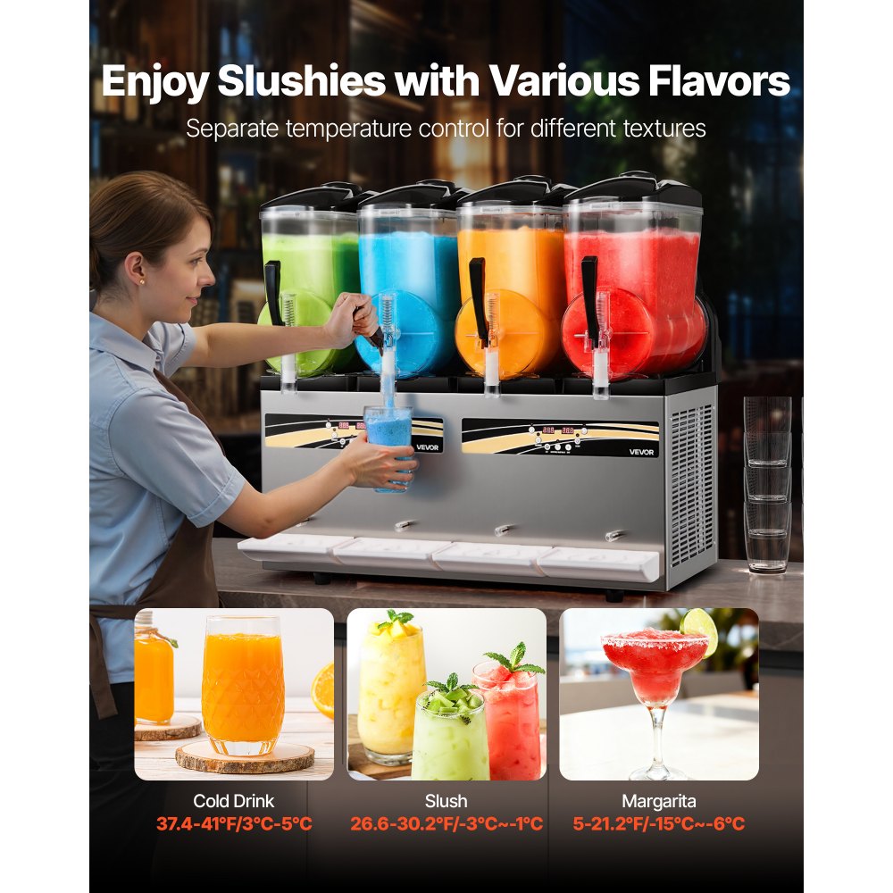 VEVOR Slushmachine 4 x 12 L, Slush-ijsmaker 1650 W (geen ijs nodig), elektrische margarita-machine met zelfreinigende functie, geschikt voor bevroren margarita's, frappés, milkshakes en shakes.