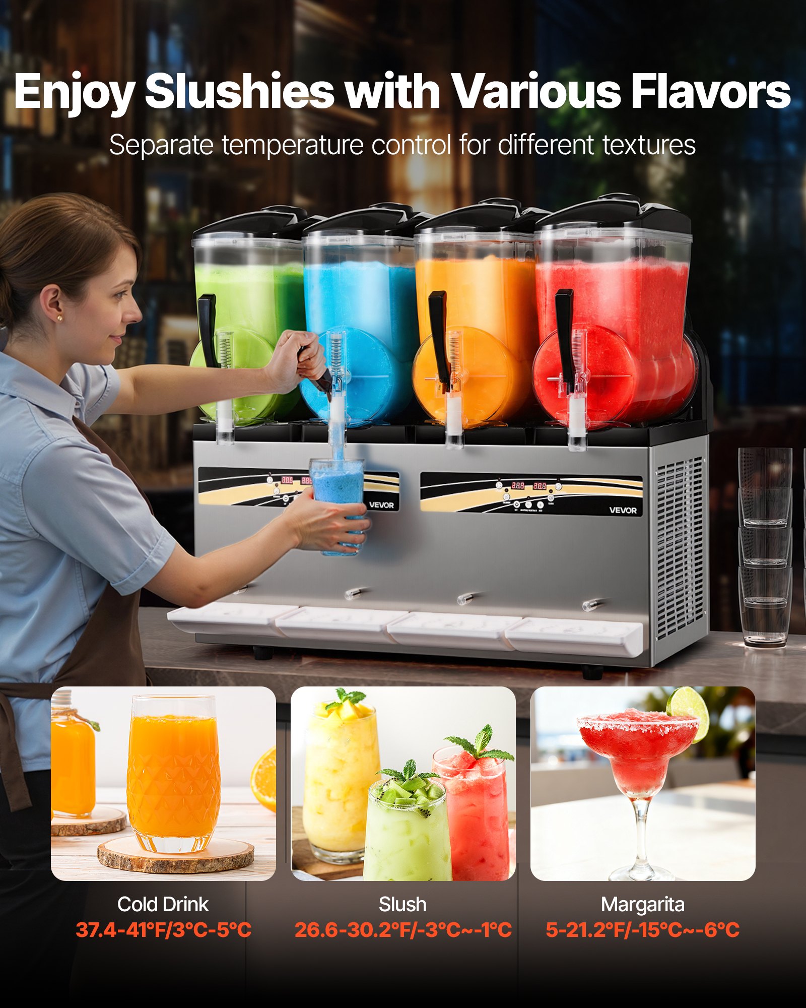 VEVOR Slushmachine 4 x 12 L, Slush-ijsmaker 1650 W (geen ijs nodig), elektrische margarita-machine met zelfreinigende functie, geschikt voor bevroren margarita's, frappés, milkshakes en shakes.