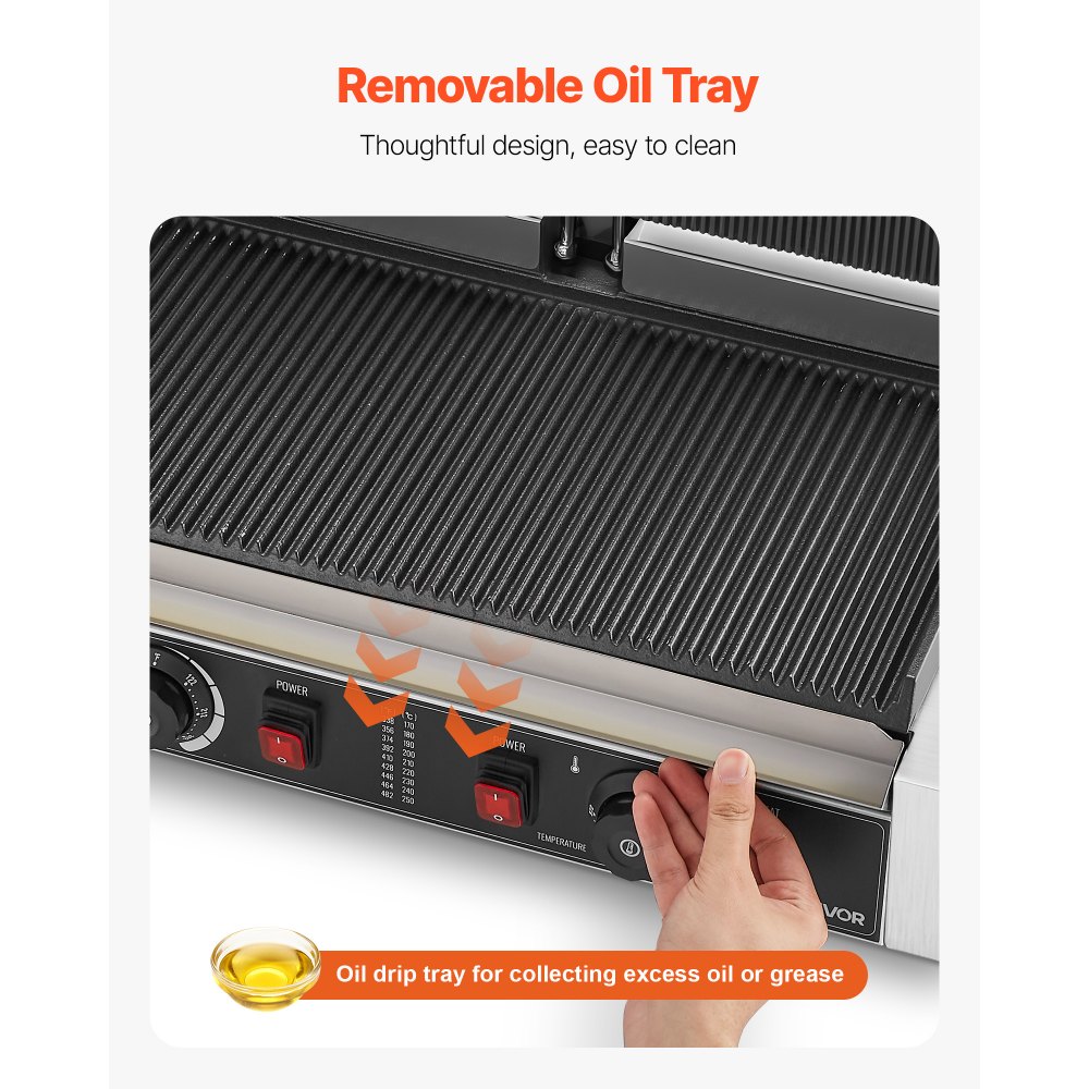 VEVOR Commerciële Contactgrill 3600 W Elektrische Grill Sandwichmaker (Dubbele Bakplaten) Panini-pers Roestvrij Staal met Temperatuurregeling, 48 x 23 cm Geribbelde Emaille Plaat voor Hamburgers, Steaks, Spek