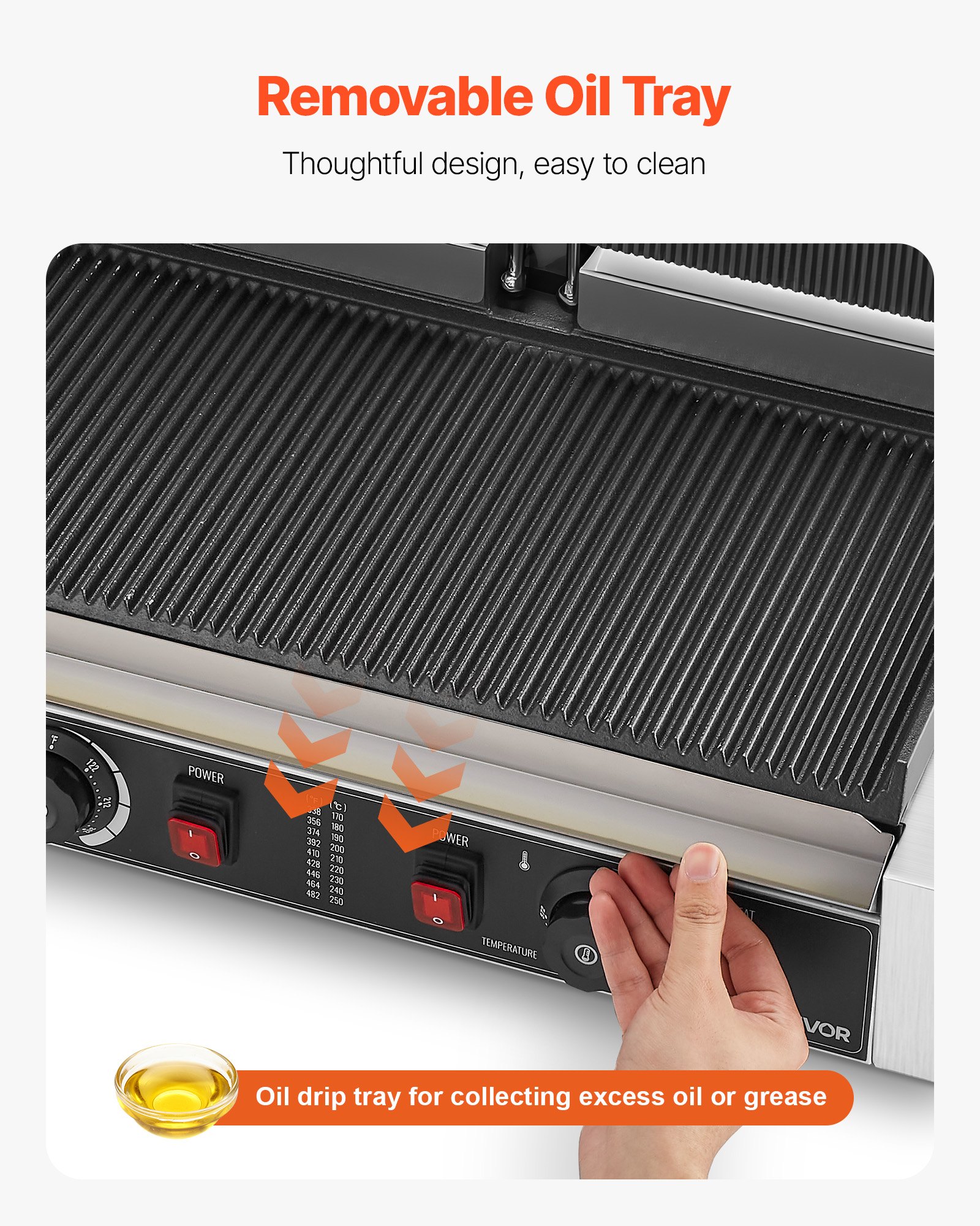 VEVOR Commerciële Contactgrill 3600 W Elektrische Grill Sandwichmaker (Dubbele Bakplaten) Panini-pers Roestvrij Staal met Temperatuurregeling, 48 x 23 cm Geribbelde Emaille Plaat voor Hamburgers, Steaks, Spek