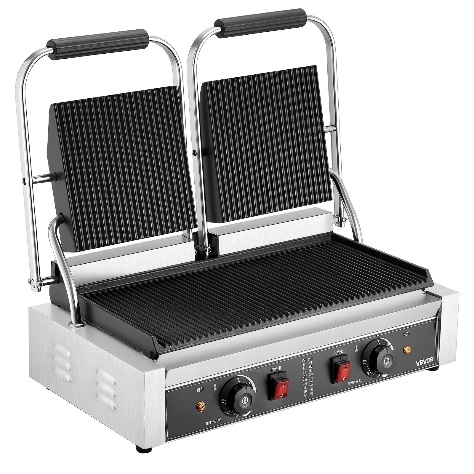 VEVOR Commerciële Contactgrill 3600 W Elektrische Grill Sandwichmaker (Dubbele Bakplaten) Panini-pers Roestvrij Staal met Temperatuurregeling, 48 x 23 cm Geribbelde Emaille Plaat voor Hamburgers, Steaks, Spek