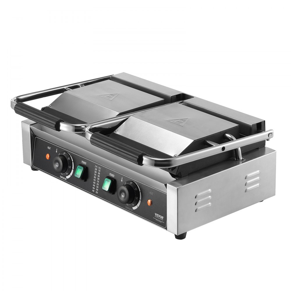 VEVOR Commercial Piadine Sandwich Grill, 3600W Electric Double Sandwich Press for Panini Stainless Steel Temperature Controlled Enameled Slotted Plate, Approx. 50°C to 300°C Double Grill