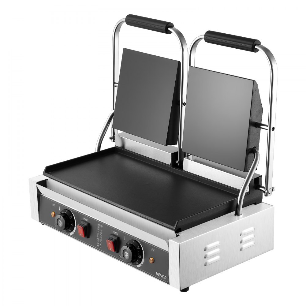 VEVOR Commerciële Contactgrill 3600W Elektrische Grill Sandwich Maker (Dubbele Bakplaten) RVS Panini Pers met Temperatuurregeling, 48 x 23 cm Platte Emaille Plaat, voor Hamburger Steak Bacon