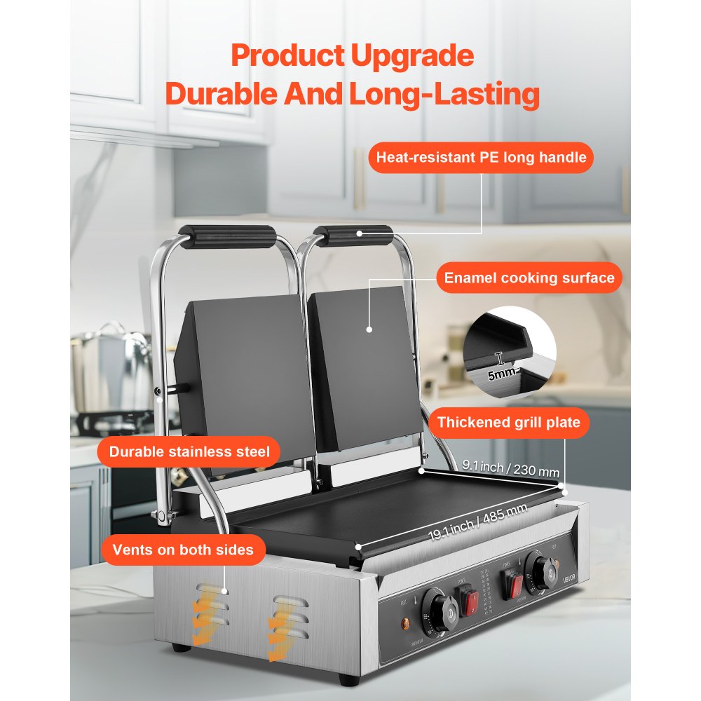 VEVOR Commerciële Contactgrill 3600 W Elektrische Grill Sandwichmaker (Dubbele Bakplaten) Panini-pers Roestvrij Staal met Temperatuurregeling, 48 x 23 cm Platte Emaille Plaat, voor Hamburgers, Steaks, Spek