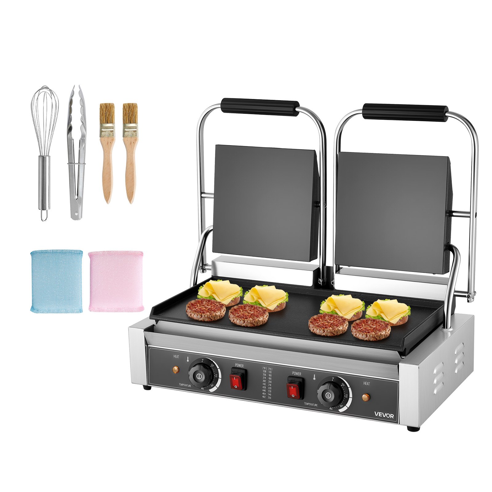 VEVOR Commerciële Contactgrill 3600W Elektrische Grill Sandwich Maker (Dubbele Bakplaten) RVS Panini Pers met Temperatuurregeling, 48 x 23 cm Platte Emaille Plaat, voor Hamburger Steak Bacon
