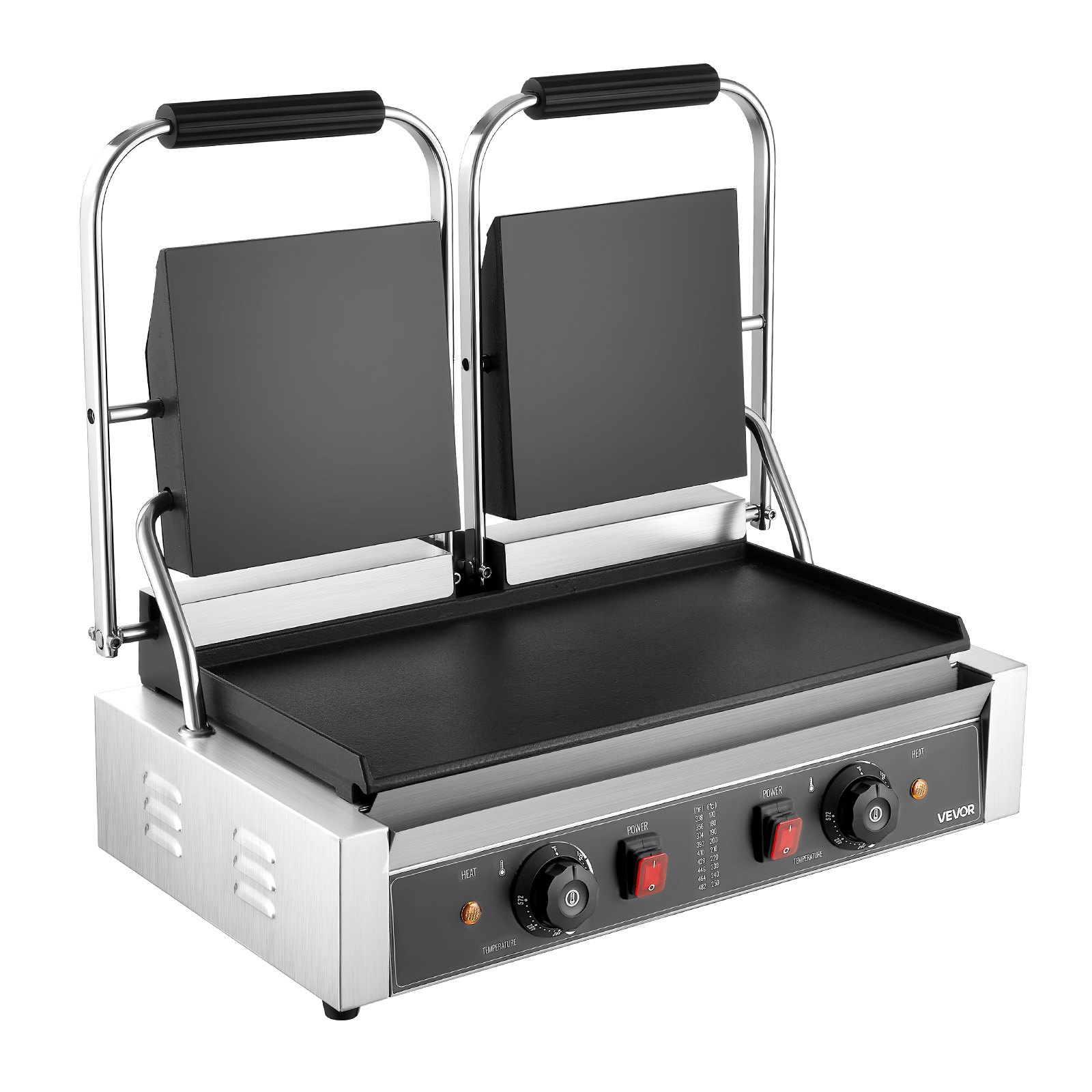 VEVOR Commerciële Contactgrill 3600W Elektrische Grill Sandwich Maker (Dubbele Bakplaten) RVS Panini Pers met Temperatuurregeling, 48 x 23 cm Platte Emaille Plaat, voor Hamburger Steak Bacon