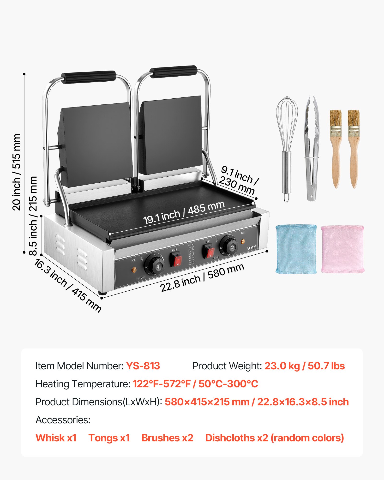 VEVOR Commerciële Contactgrill 3600 W Elektrische Grill Sandwichmaker (Dubbele Bakplaten) Panini-pers Roestvrij Staal met Temperatuurregeling, 48 x 23 cm Platte Emaille Plaat, voor Hamburgers, Steaks, Spek