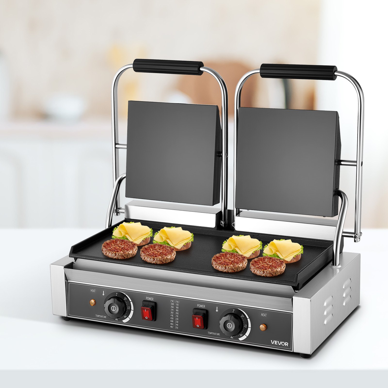 VEVOR Commerciële Contactgrill 3600 W Elektrische Grill Sandwichmaker (Dubbele Bakplaten) Panini-pers Roestvrij Staal met Temperatuurregeling, 48 x 23 cm Platte Emaille Plaat, voor Hamburgers, Steaks, Spek