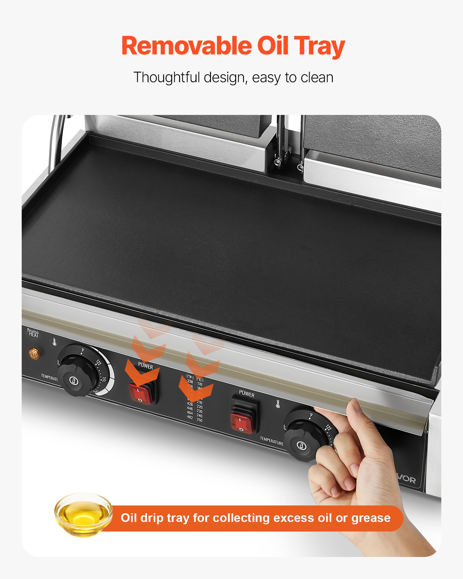 VEVOR Commerciële Panini-pers, 3600W elektrische grill van roestvrij staal, dubbele drukplaat, sandwichmaker met temperatuurregeling en vlakke geëmailleerde plaat, 485x230mm, voor hamburgers, biefstuk, enz.