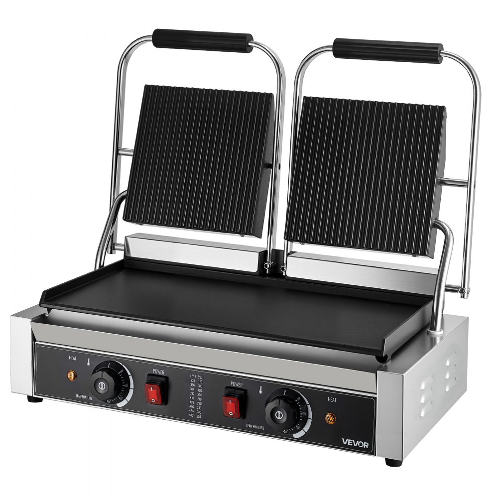 VEVOR Commercial Panini Grill, 3600W Electric Sandwich Panini Maker, Stainless Steel Double Sandwich Press Grill, Panini Grill with Temp Control, 48x23cm Flat Enamel Plate for Hamburger Steak Bacon