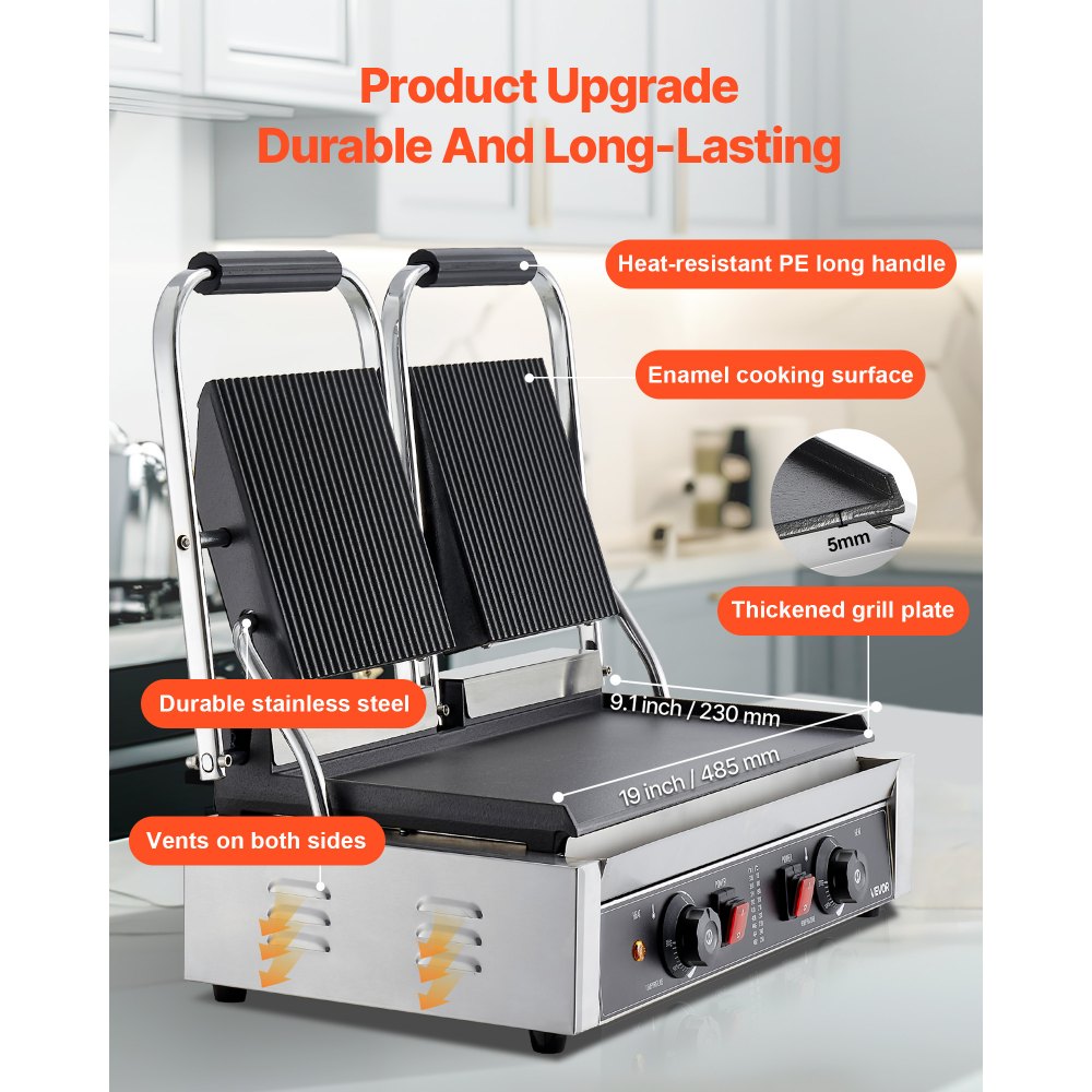 VEVOR Commerciële Panini Grill Contactgrill 3600W voor Sandwiches Steak Bacon Hamburger, Sandwich Maker Press Grill Gemaakt van roestvrij staal met handvat & temperatuurregeling & 48 x 23 cm verwarmingsplaat, Panini Press