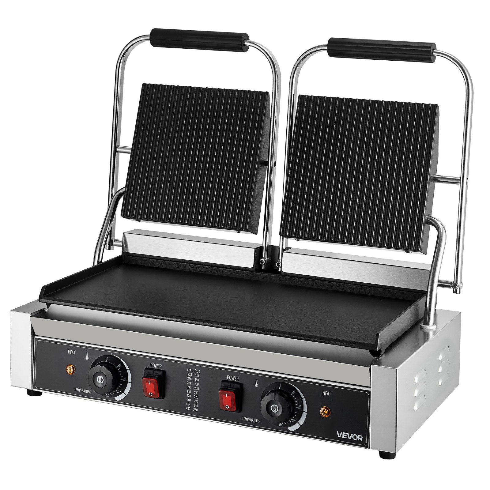 VEVOR Commerciële Panini Grill Contactgrill 3600W voor Sandwiches Steak Bacon Hamburger, Sandwich Maker Press Grill Gemaakt van roestvrij staal met handvat & temperatuurregeling & 48 x 23 cm verwarmingsplaat, Panini Press