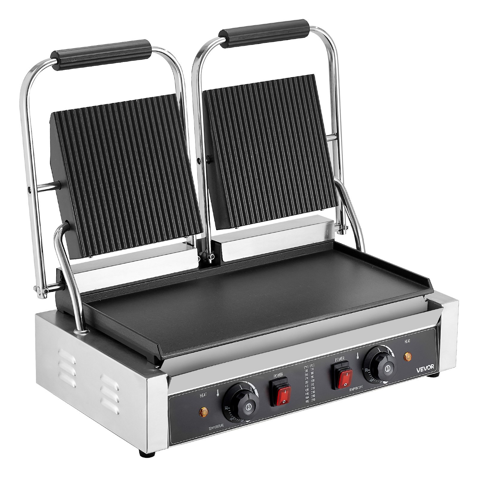 VEVOR Commerciële Panini Grill Contactgrill 3600W voor Sandwiches Steak Bacon Hamburger, Sandwich Maker Press Grill Gemaakt van roestvrij staal met handvat & temperatuurregeling & 48 x 23 cm verwarmingsplaat, Panini Press