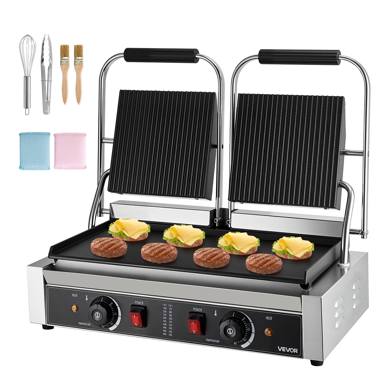 VEVOR Commerciële Panini Grill Contactgrill 3600W voor Sandwiches Steak Bacon Hamburger, Sandwich Maker Press Grill Gemaakt van roestvrij staal met handvat & temperatuurregeling & 48 x 23 cm verwarmingsplaat, Panini Press
