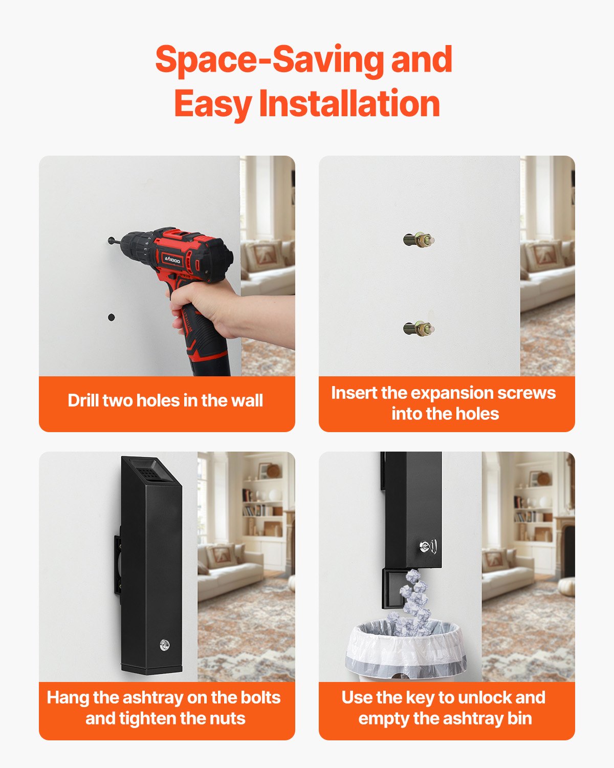 VEVOR Sigarettenasbak Sigarettenpeukencontainer Wandmontage Kubusvormige Asbak (132 x 100 x 487 mm) Gemaakt van roestvrij staal en aluminiumlegering Buiten Tuin Kantoor Restaurant Hotel Zwart