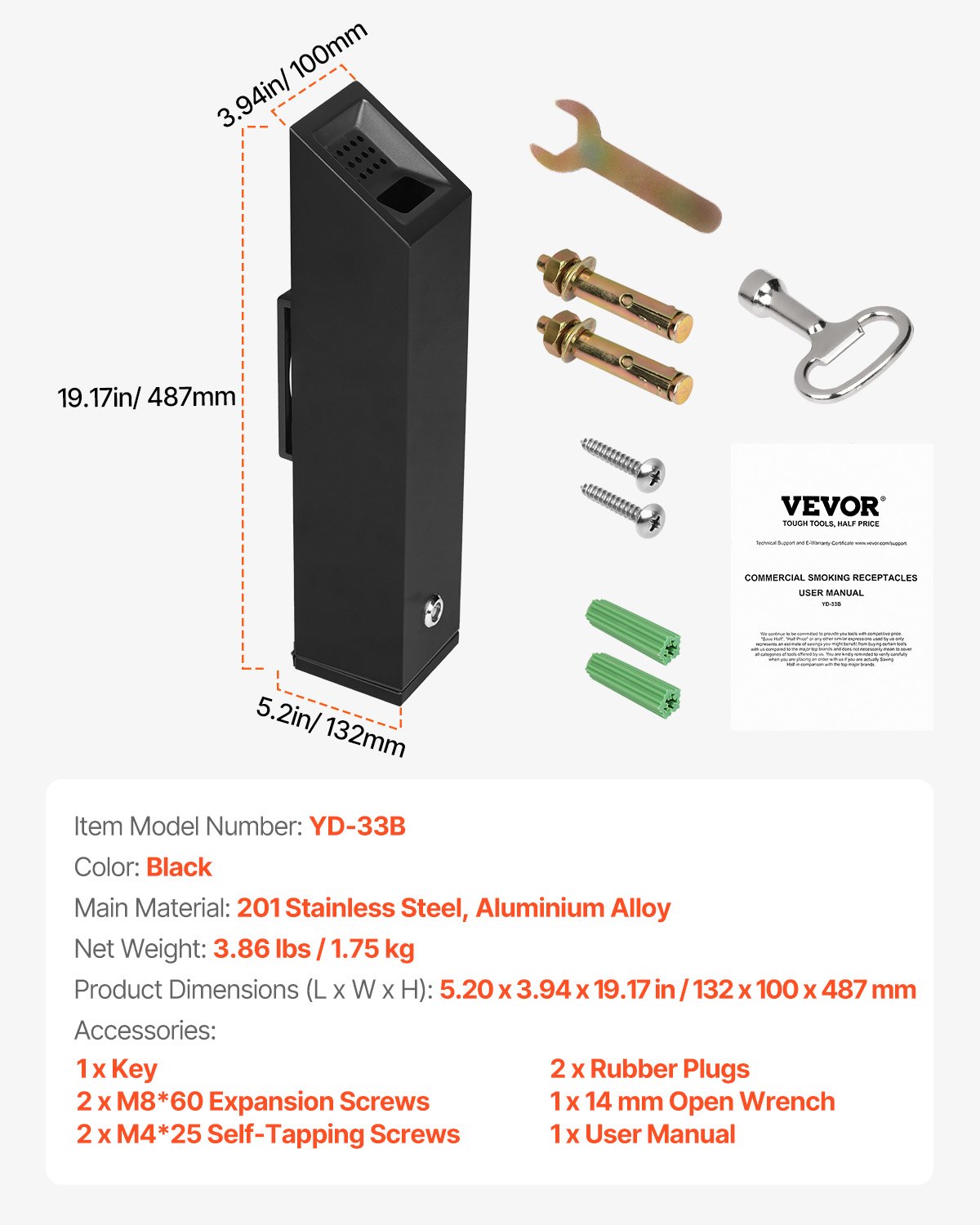 VEVOR Sigarettenasbak Sigarettenpeukencontainer Wandmontage Kubusvormige Asbak (132 x 100 x 487 mm) Gemaakt van roestvrij staal en aluminiumlegering Buiten Tuin Kantoor Restaurant Hotel Zwart