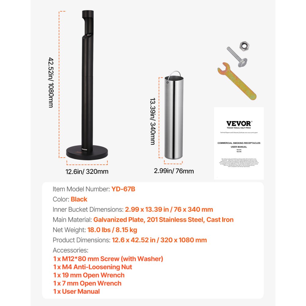 VEVOR Cigarette Butt Receptacle, Commercial Cylinder Cigarette Butt Container, Freestanding and Weatherproof Outdoor Cigarette Butt Disposal for Garden, Office, Restaurant, Hotel, Bar, Patio, Black