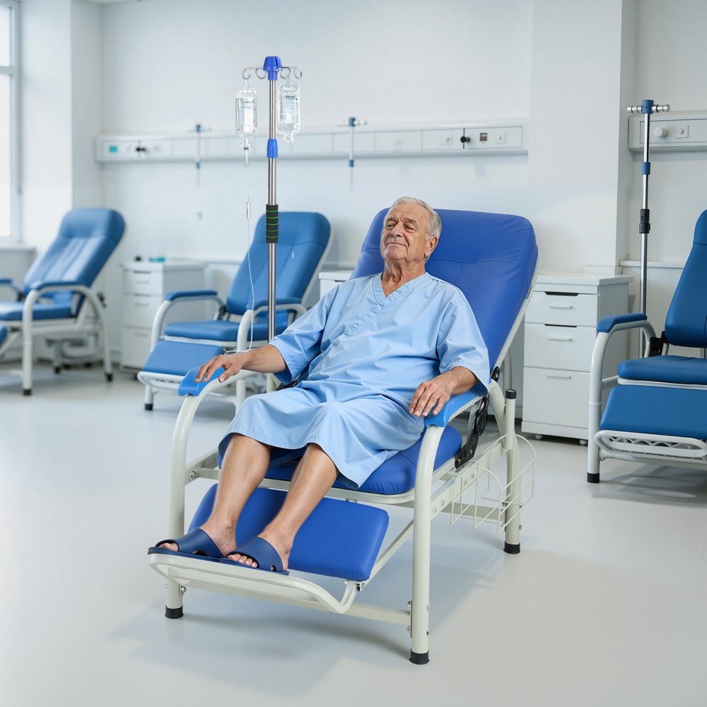 VEVOR medische stoel met infuusstandaard, draagvermogen 181 kg, stalen constructie, 90-160° verstelbaar, met gewatteerde zitting, voetensteun en opbergmand, voor ziekenhuizen en verpleeghuizen.