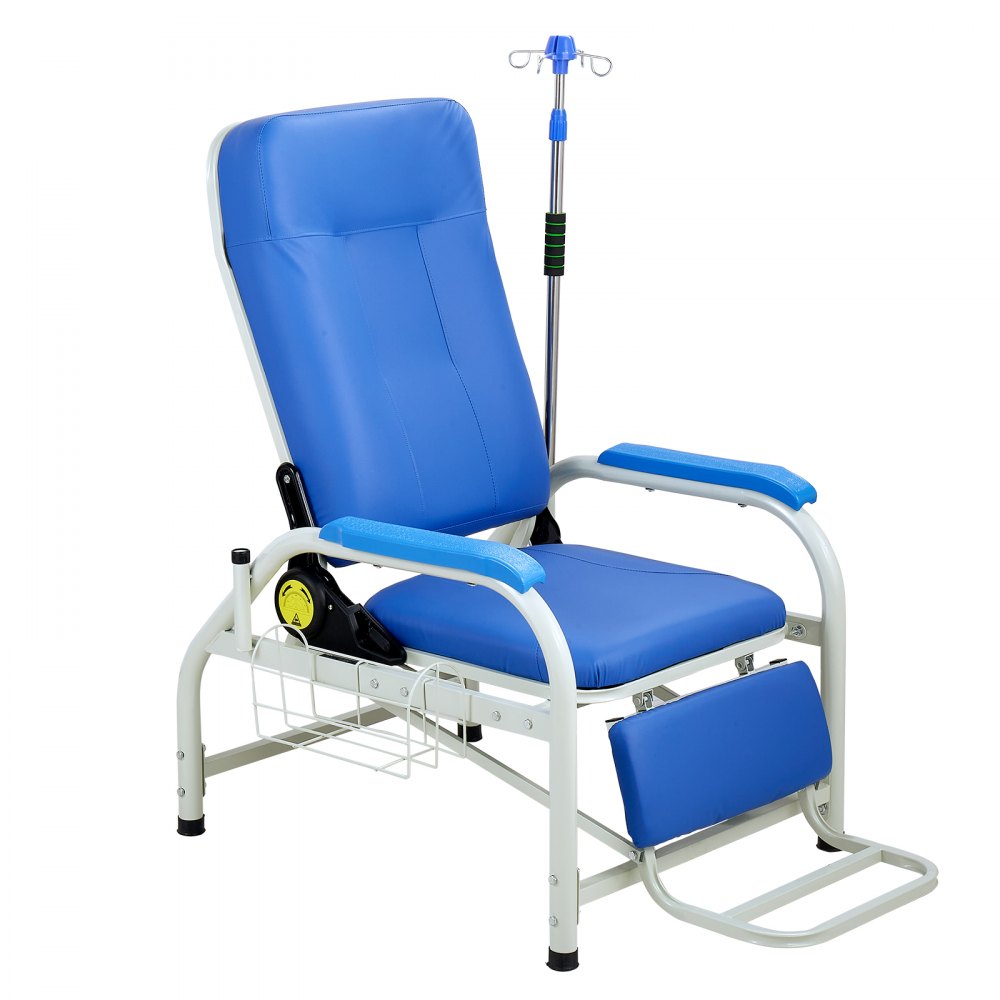 VEVOR medische stoel met infuusstandaard, draagvermogen 181 kg, stalen constructie, 90-160° verstelbaar, met gewatteerde zitting, voetensteun en opbergmand, voor ziekenhuizen en verpleeghuizen.