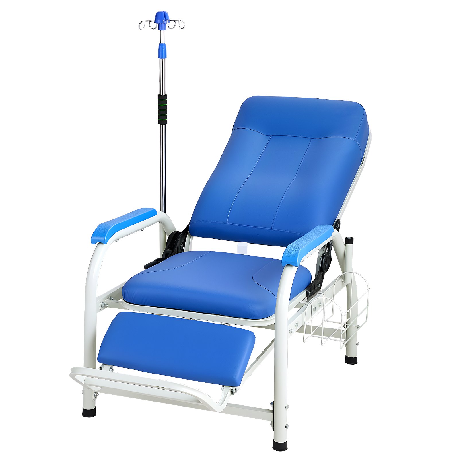 VEVOR medische stoel met infuusstandaard, draagvermogen 181 kg, stalen constructie, 90-160° verstelbaar, met gewatteerde zitting, voetensteun en opbergmand, voor ziekenhuizen en verpleeghuizen.